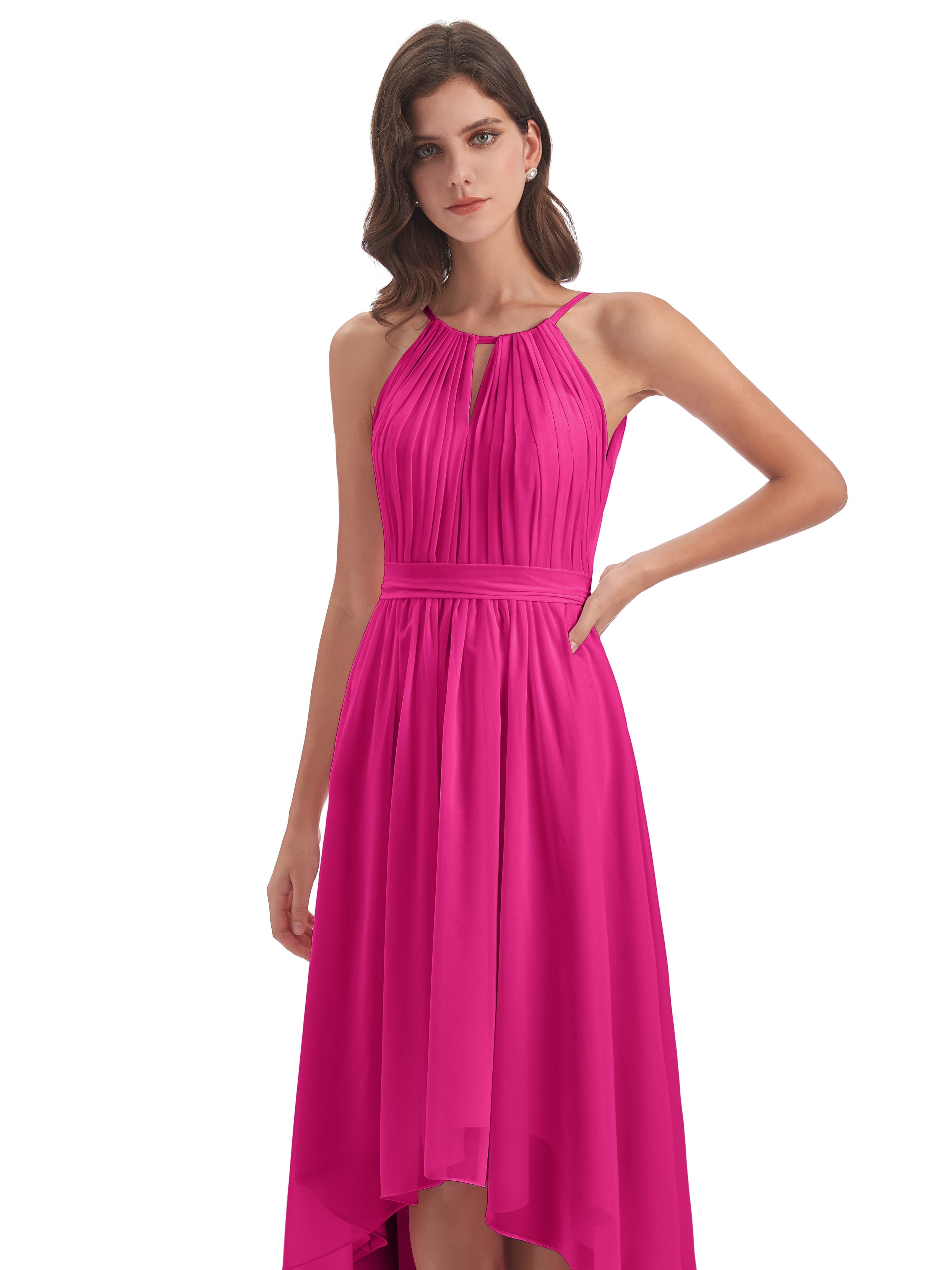 Robe Rose Fuchsia Demoiselle D Honneur Asymétrique Haute Basse Licou Mousseline Robes Demoiselle D'Honneur