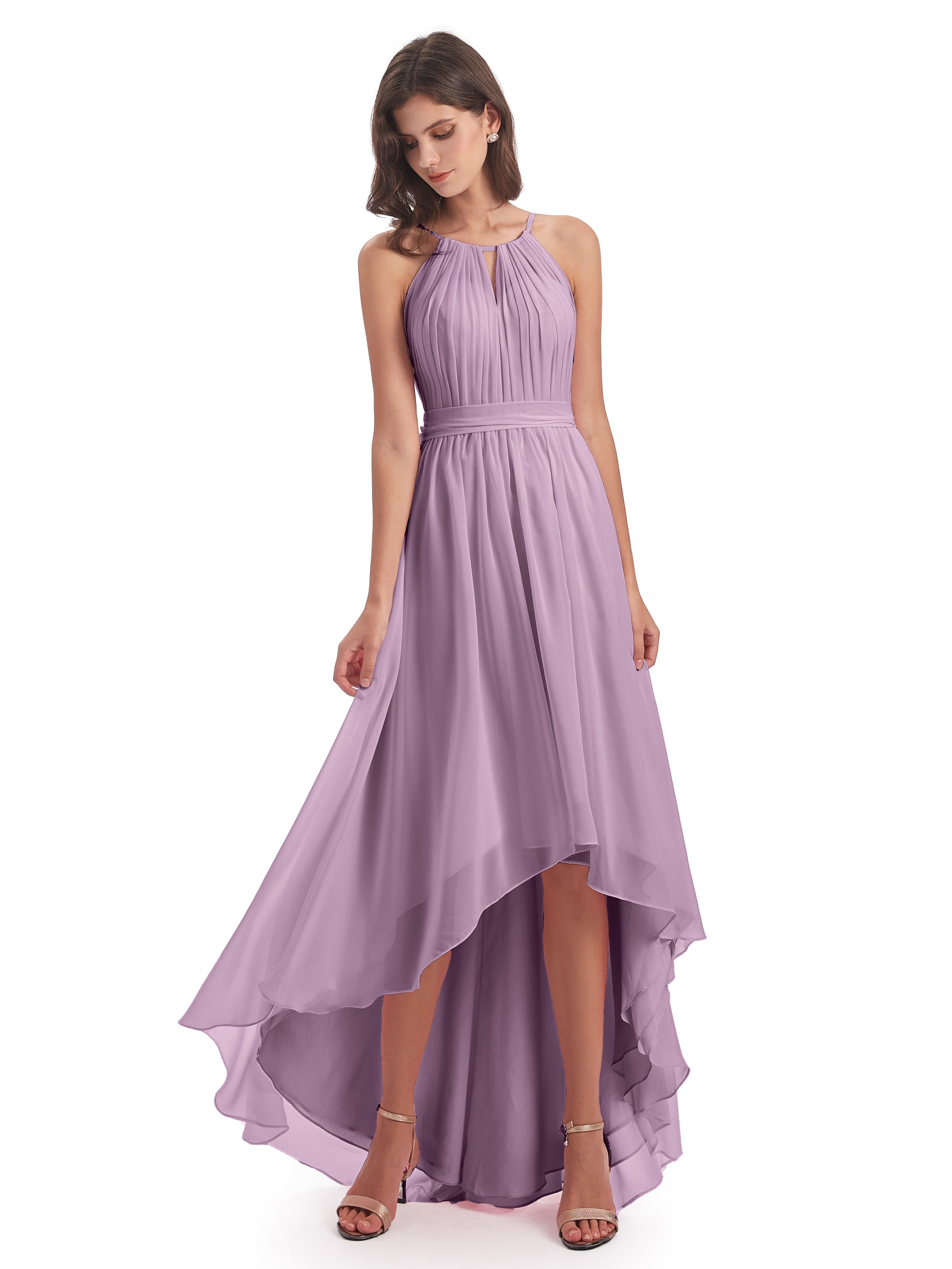 Robes De Demoiselle D'Honneur Glycine Asymétrique Haute Basse Licou Mousseline Robes Demoiselle D'Honneur