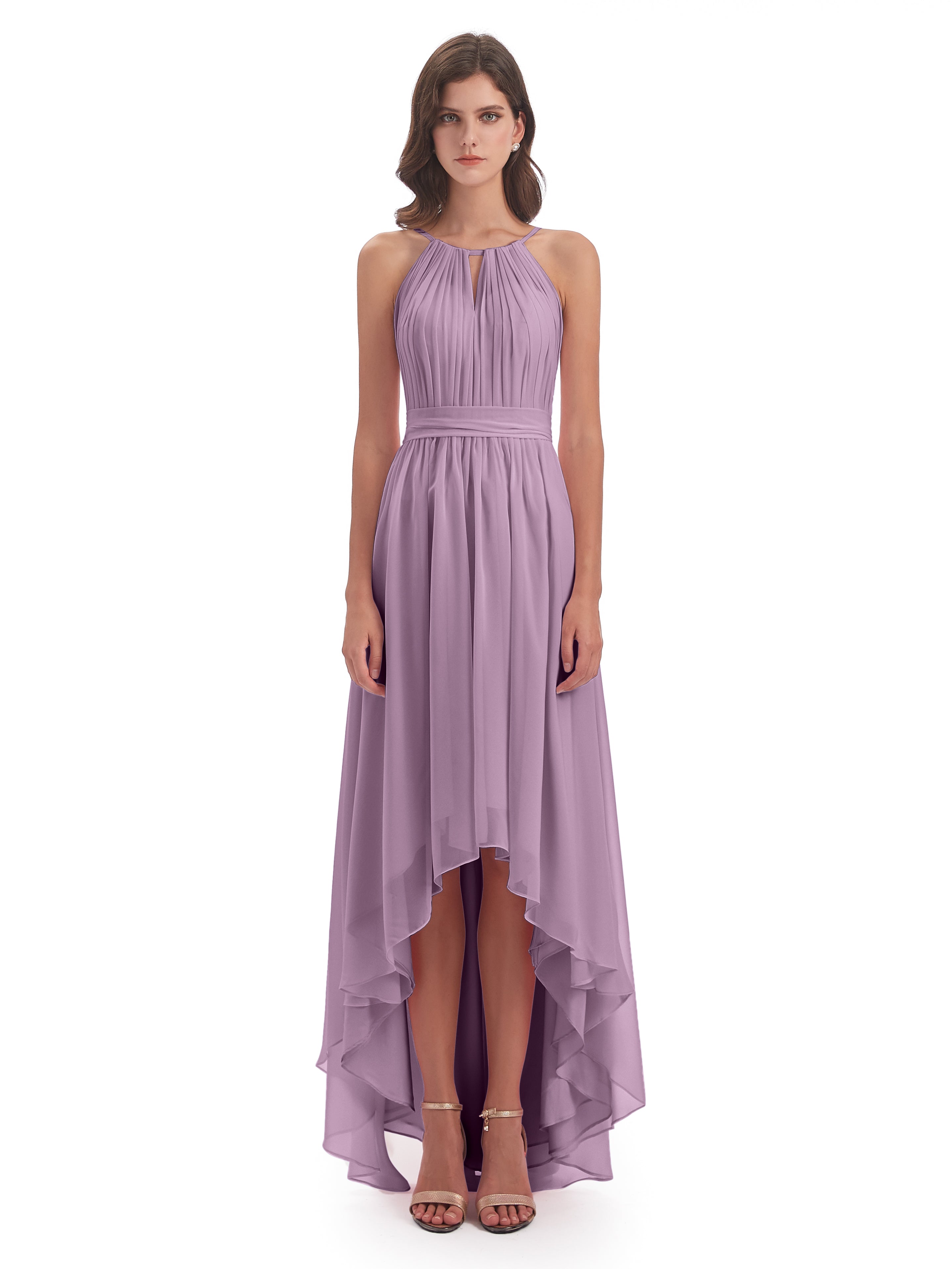 Robes De Demoiselle D'Honneur Glycine Asymétrique Haute Basse Licou Mousseline Robes Demoiselle D'Honneur