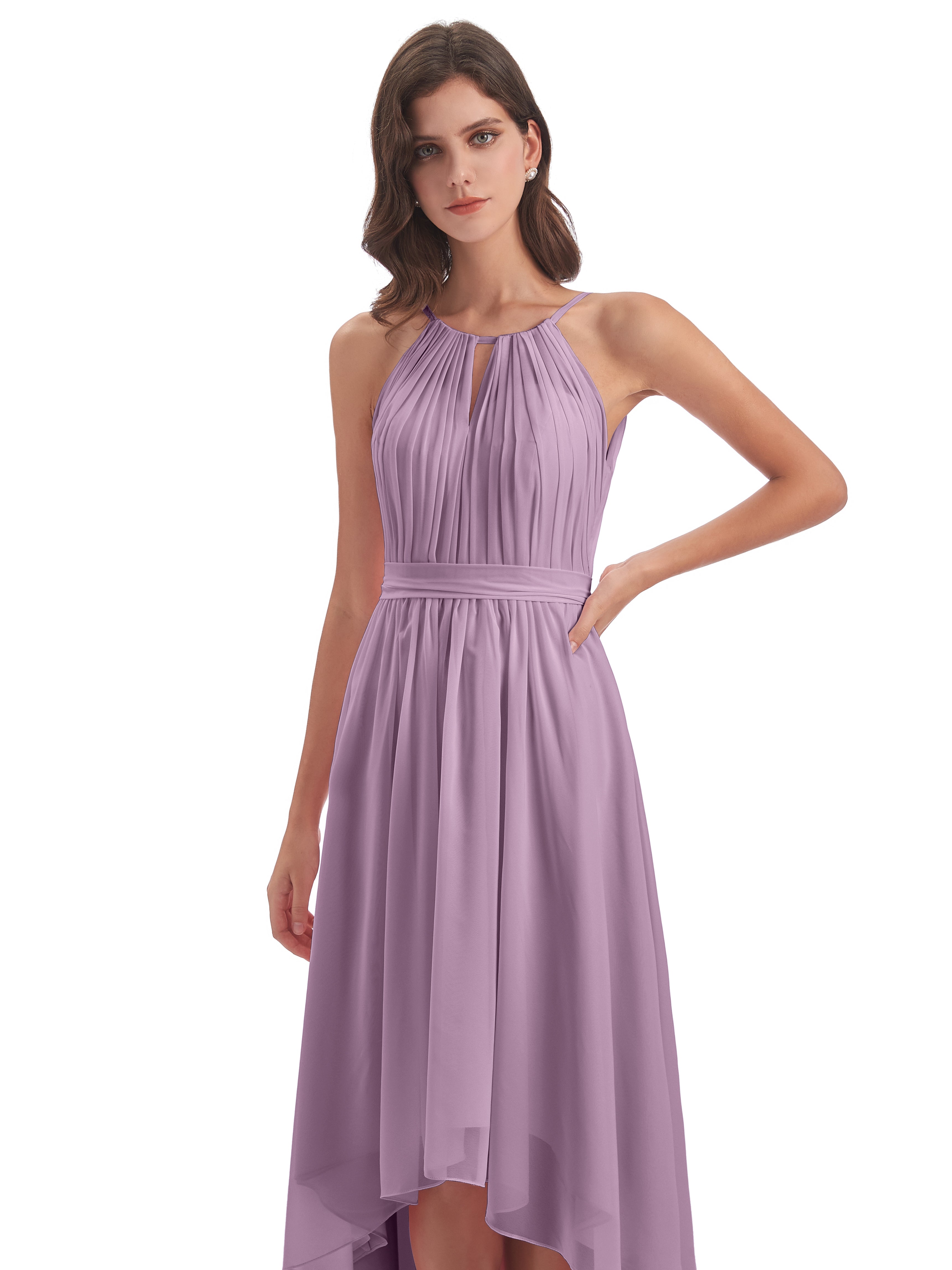 Robes De Demoiselle D'Honneur Glycine Asymétrique Haute Basse Licou Mousseline Robes Demoiselle D'Honneur