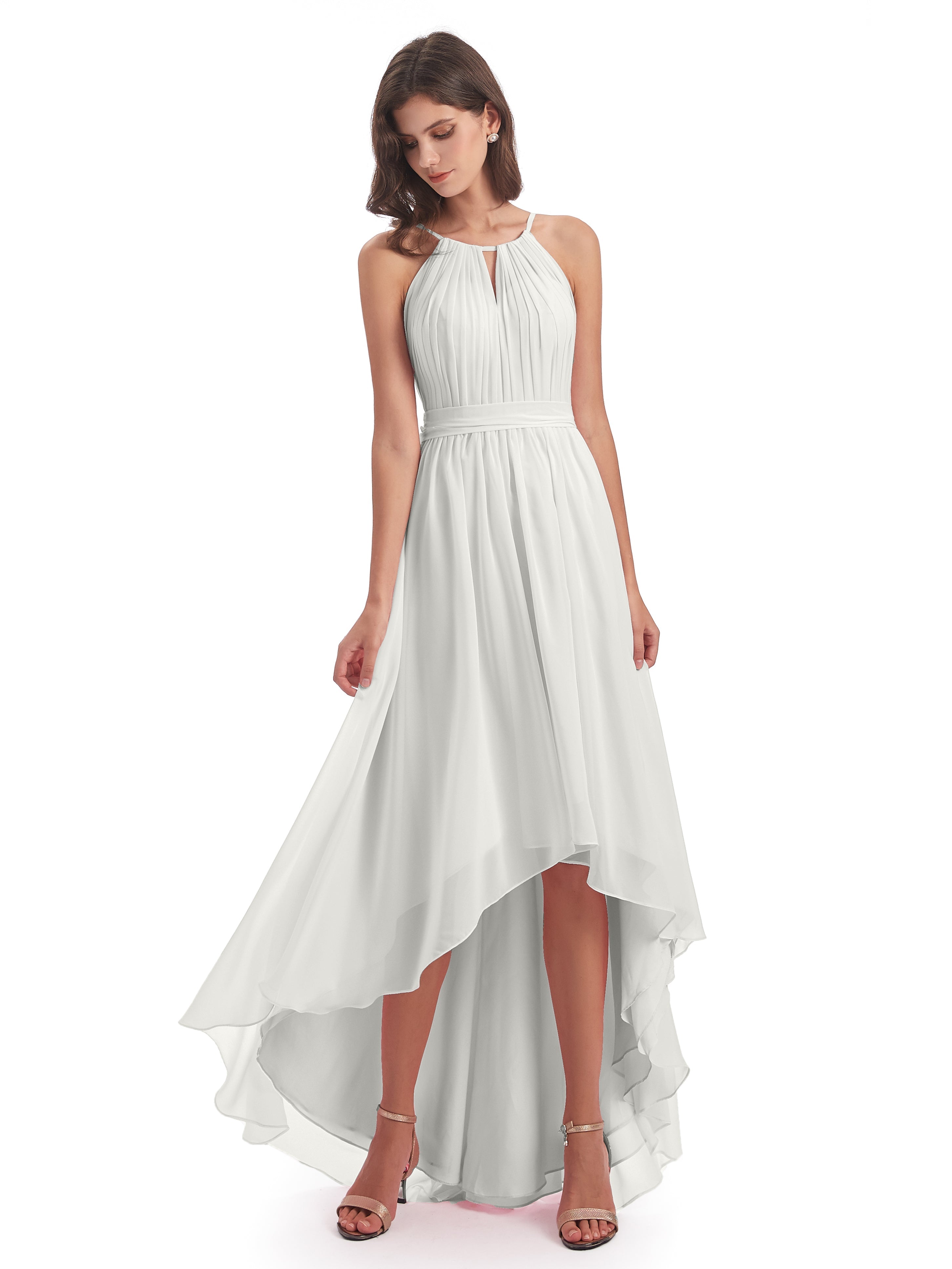 Robe De Demoiselle D Honneur Ivoire Asymétrique Haute Basse Licou Mousseline Robes Demoiselle D'Honneur