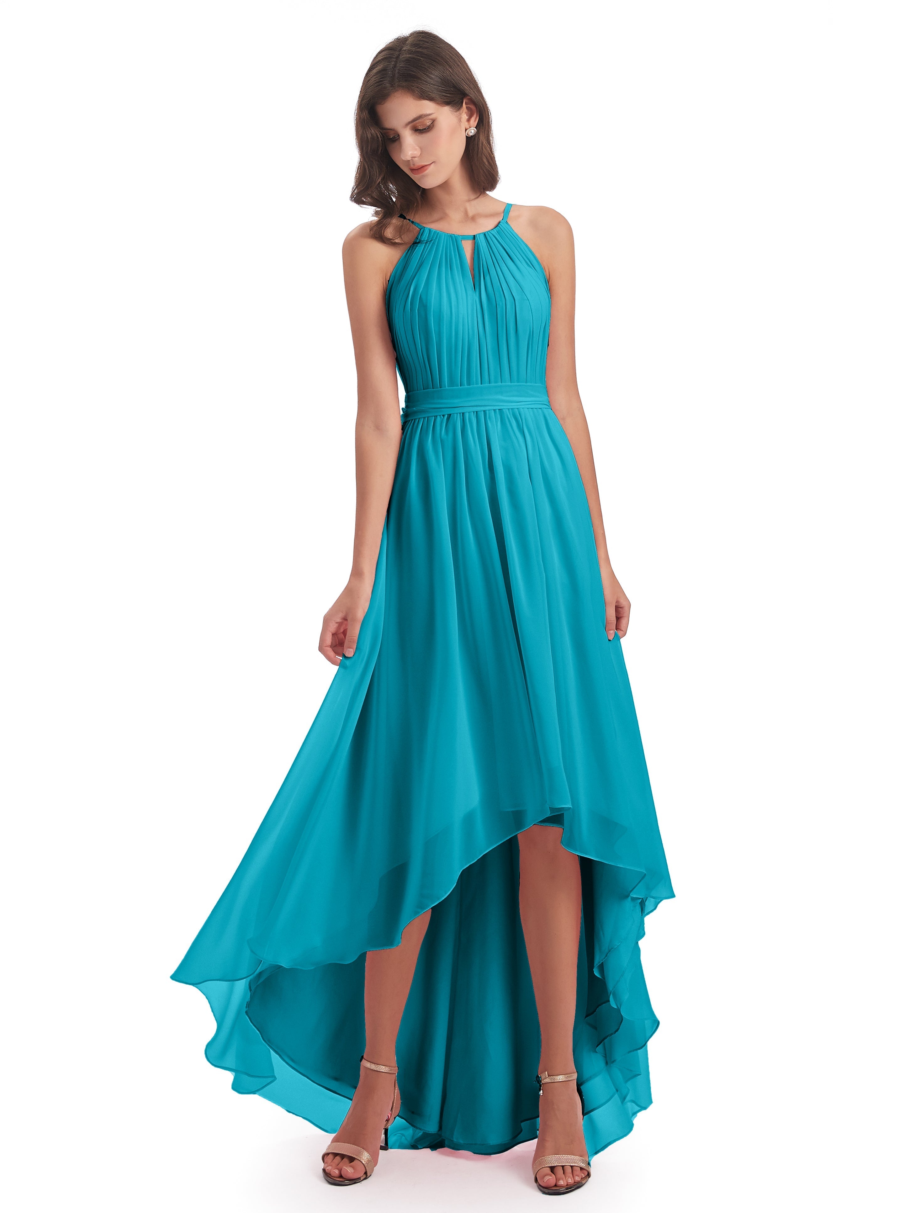 Robes De Demoiselle D'Honneur Vert Jade Asymétrique Haute Basse Licou Mousseline Robes Demoiselle D'Honneur
