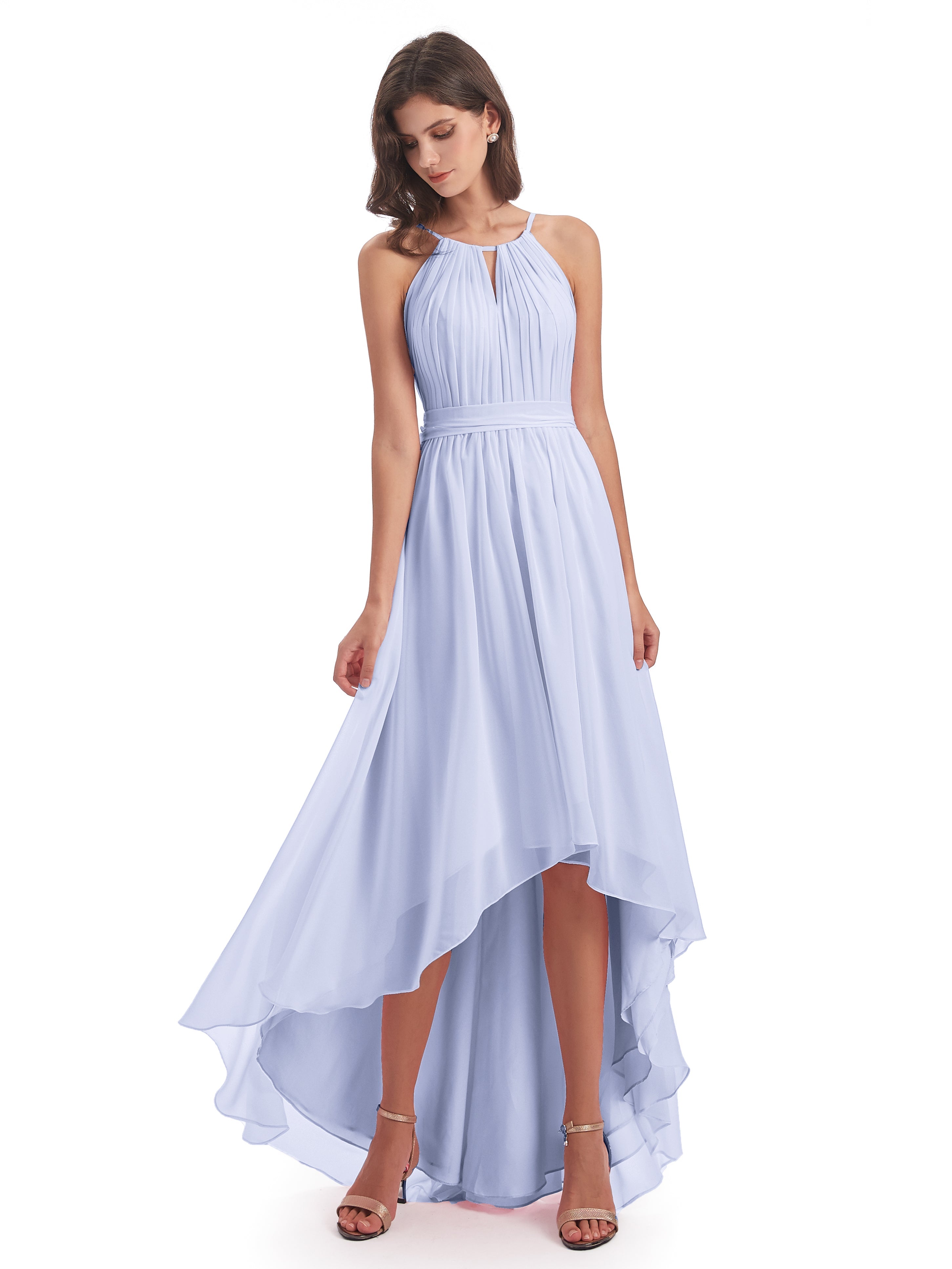 Robe Demoiselle D Honneur Lavande Asymétrique Haute Basse Licou Mousseline Robes Demoiselle D'Honneur