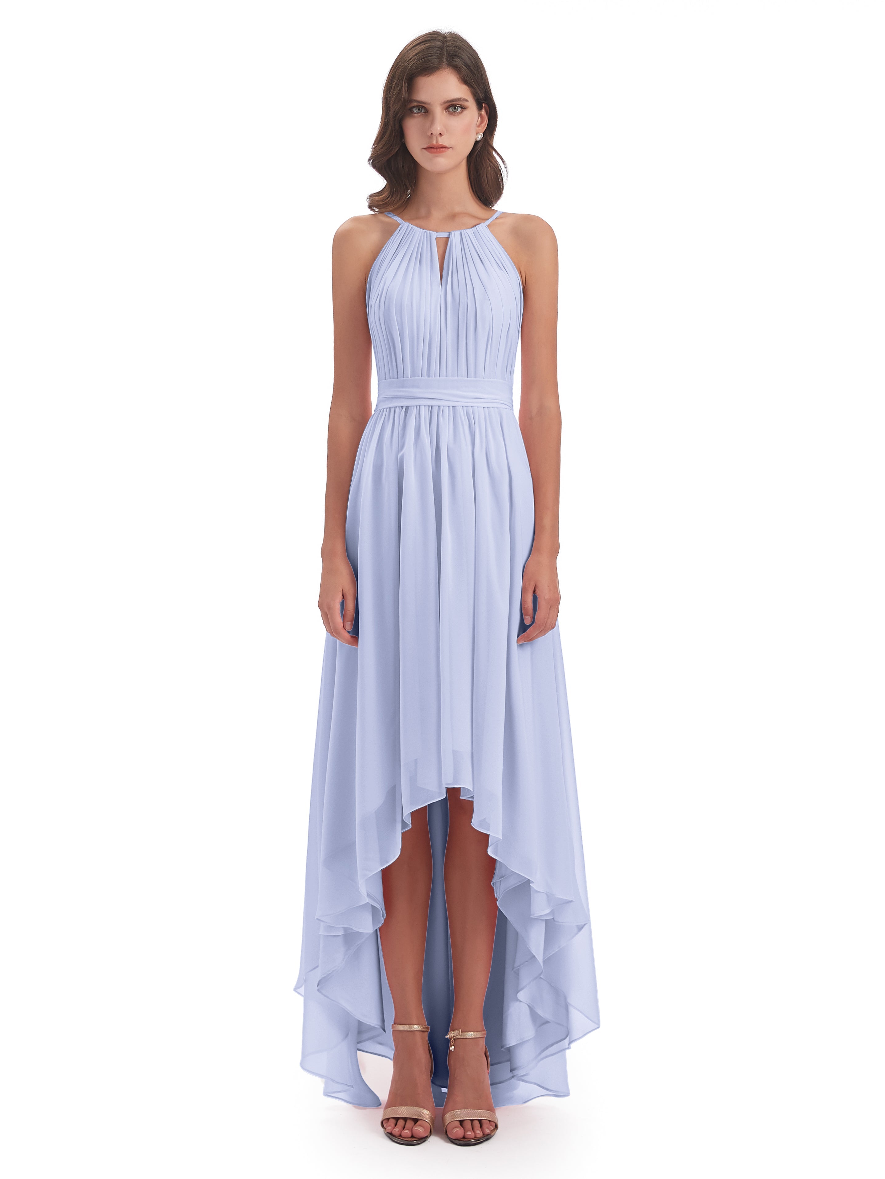Robe Demoiselle D Honneur Lavande Asymétrique Haute Basse Licou Mousseline Robes Demoiselle D'Honneur