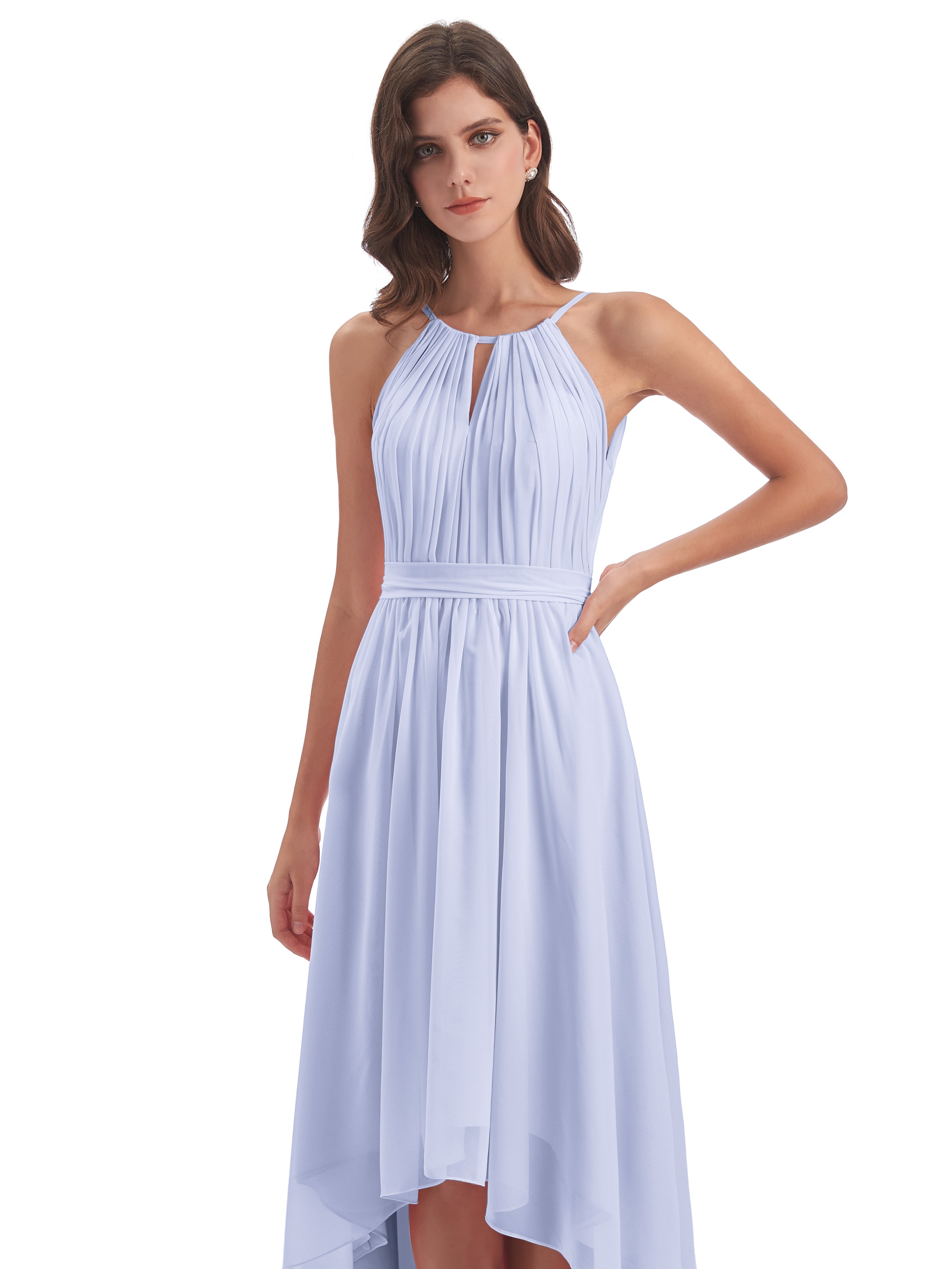 Robe Demoiselle D Honneur Lavande Asymétrique Haute Basse Licou Mousseline Robes Demoiselle D'Honneur
