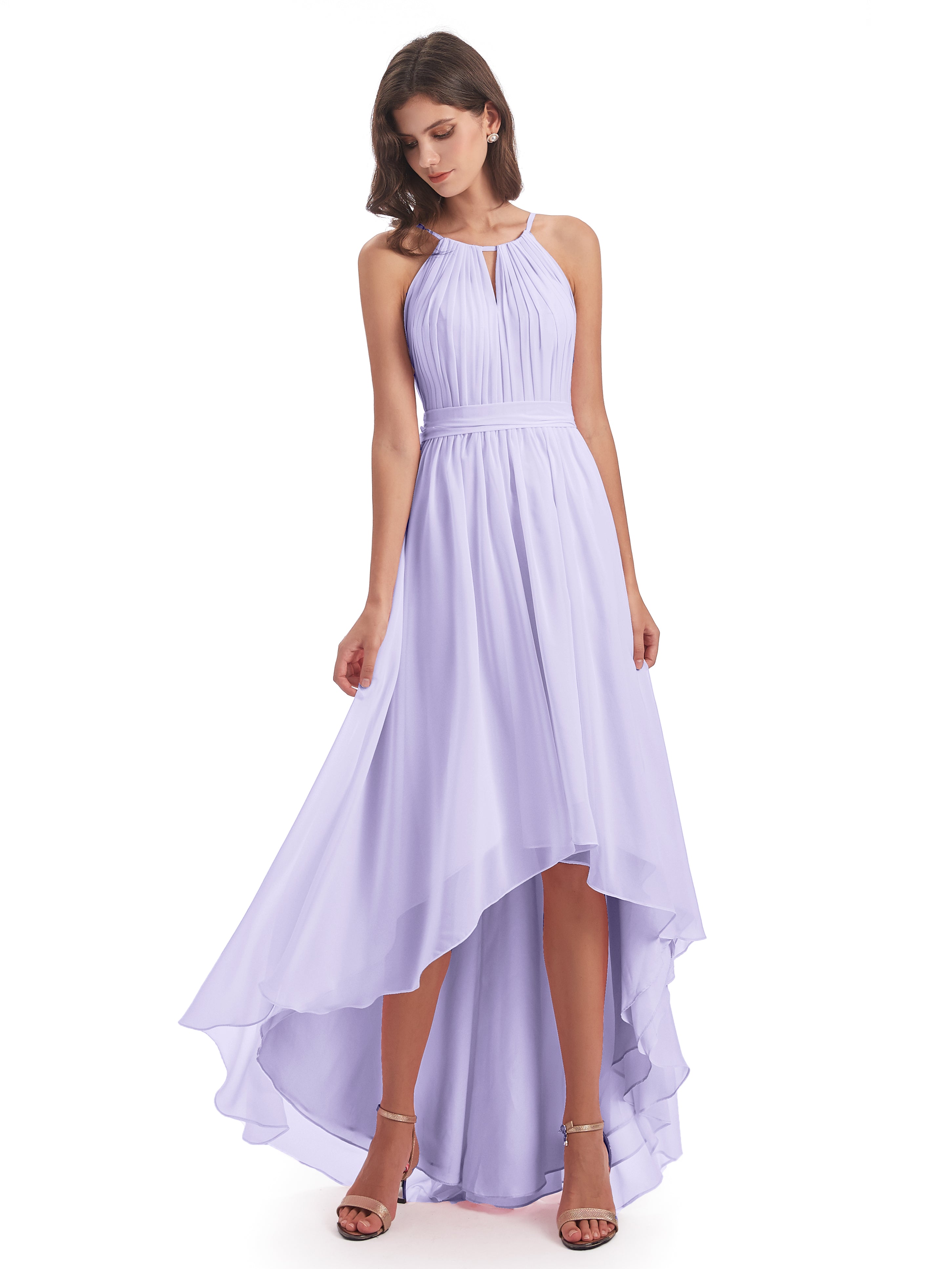 Demoiselle Robe Lilas Asymétrique Haute Basse Licou Mousseline Robes Demoiselle D'Honneur