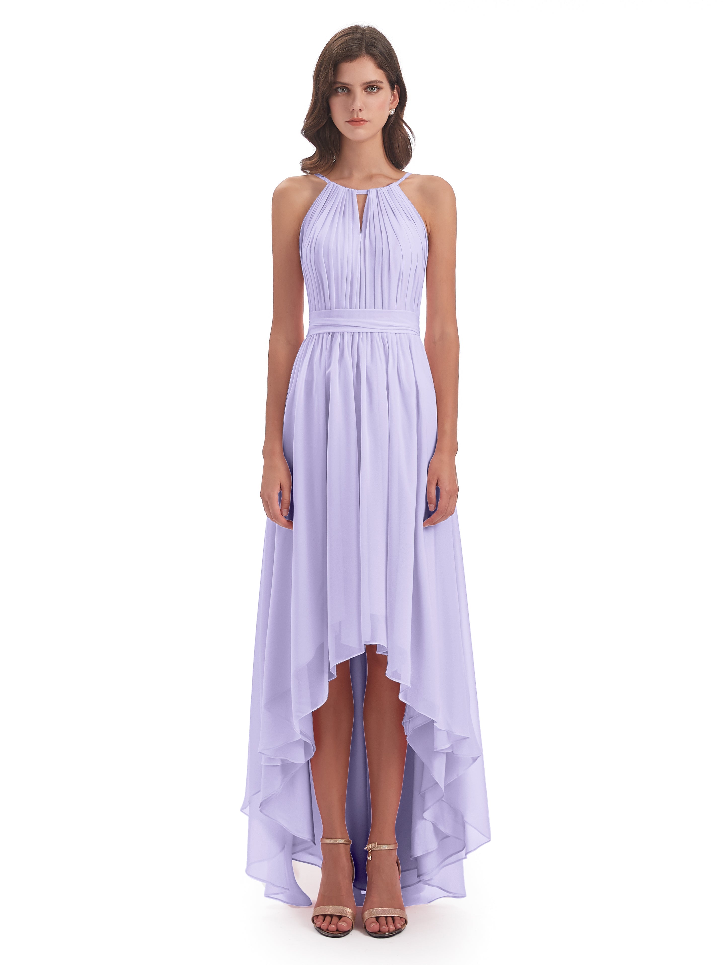 Demoiselle Robe Lilas Asymétrique Haute Basse Licou Mousseline Robes Demoiselle D'Honneur