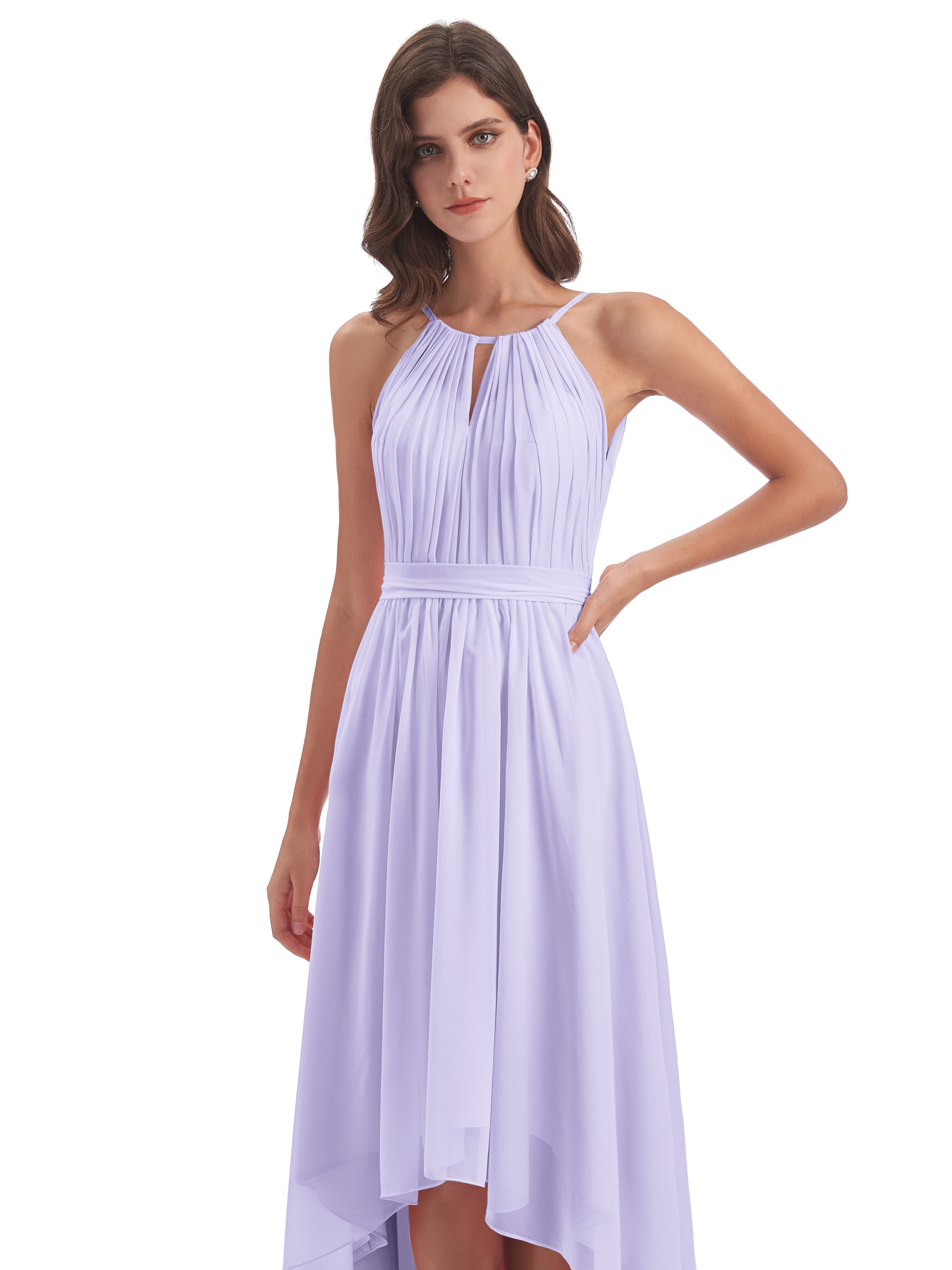 Demoiselle Robe Lilas Asymétrique Haute Basse Licou Mousseline Robes Demoiselle D'Honneur