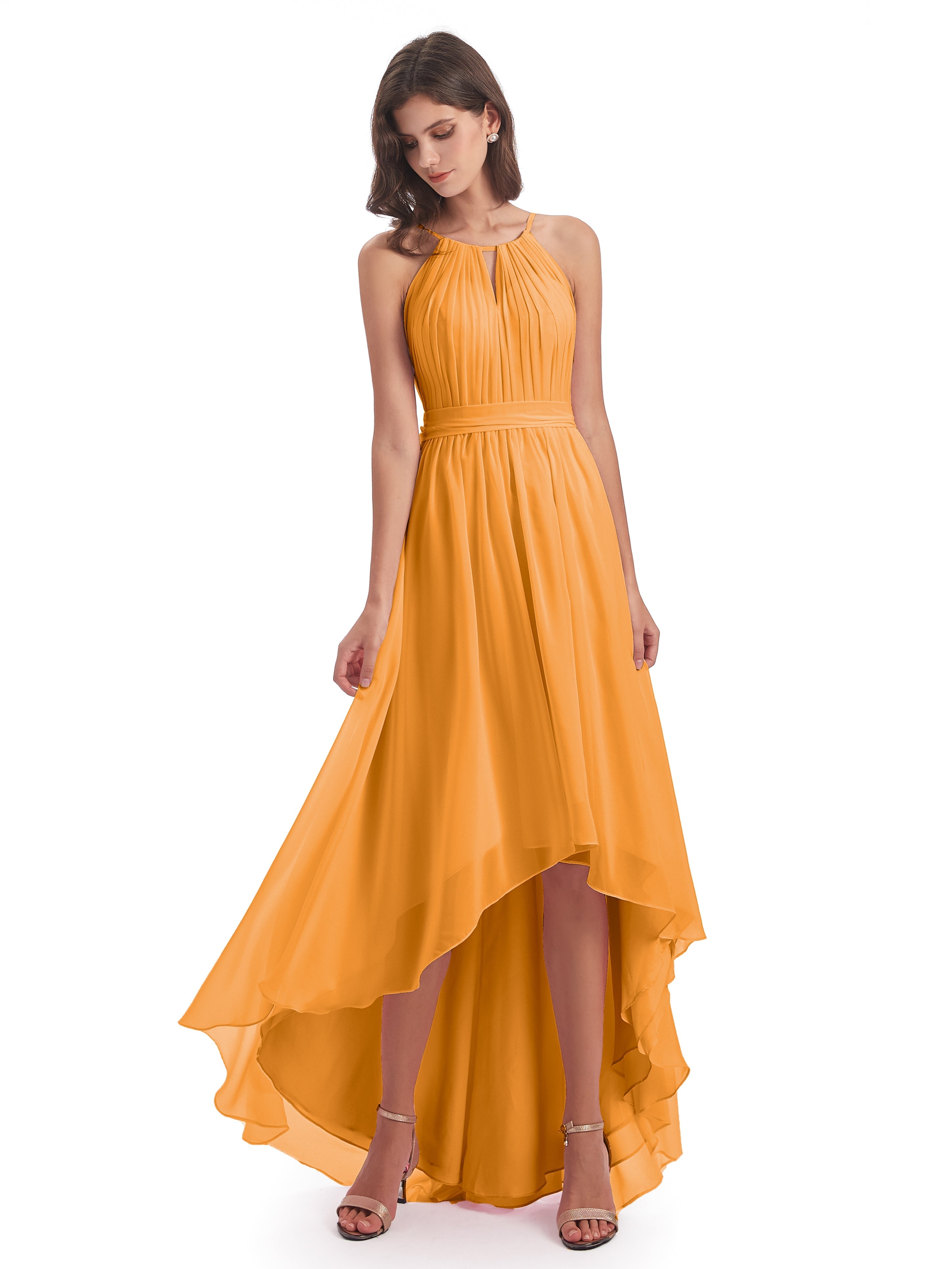 Robes De Demoiselle D'Honneur Mandarine Asymétrique Haute Basse Licou Mousseline Robes Demoiselle D'Honneur