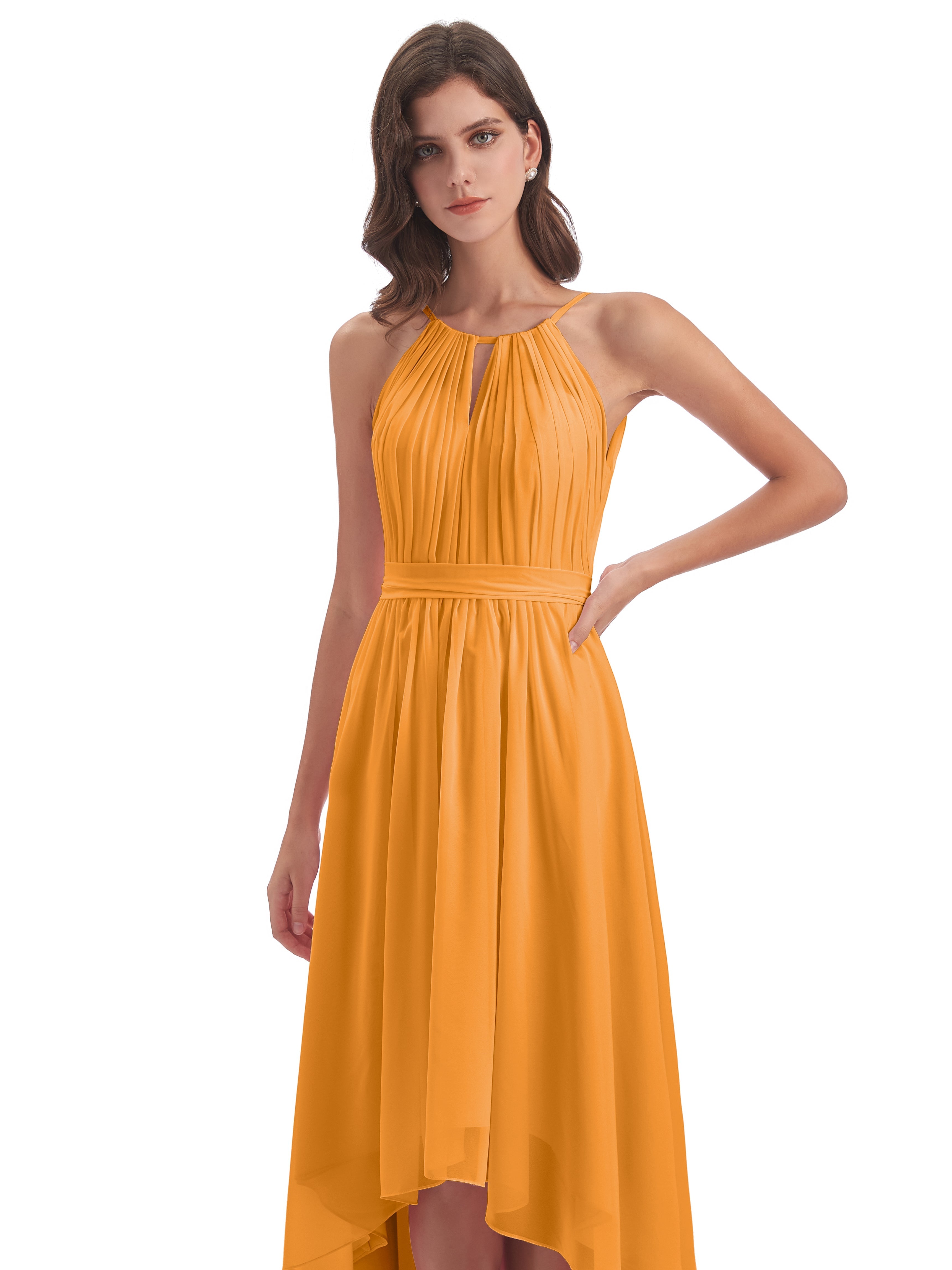 Robes De Demoiselle D'Honneur Mandarine Asymétrique Haute Basse Licou Mousseline Robes Demoiselle D'Honneur