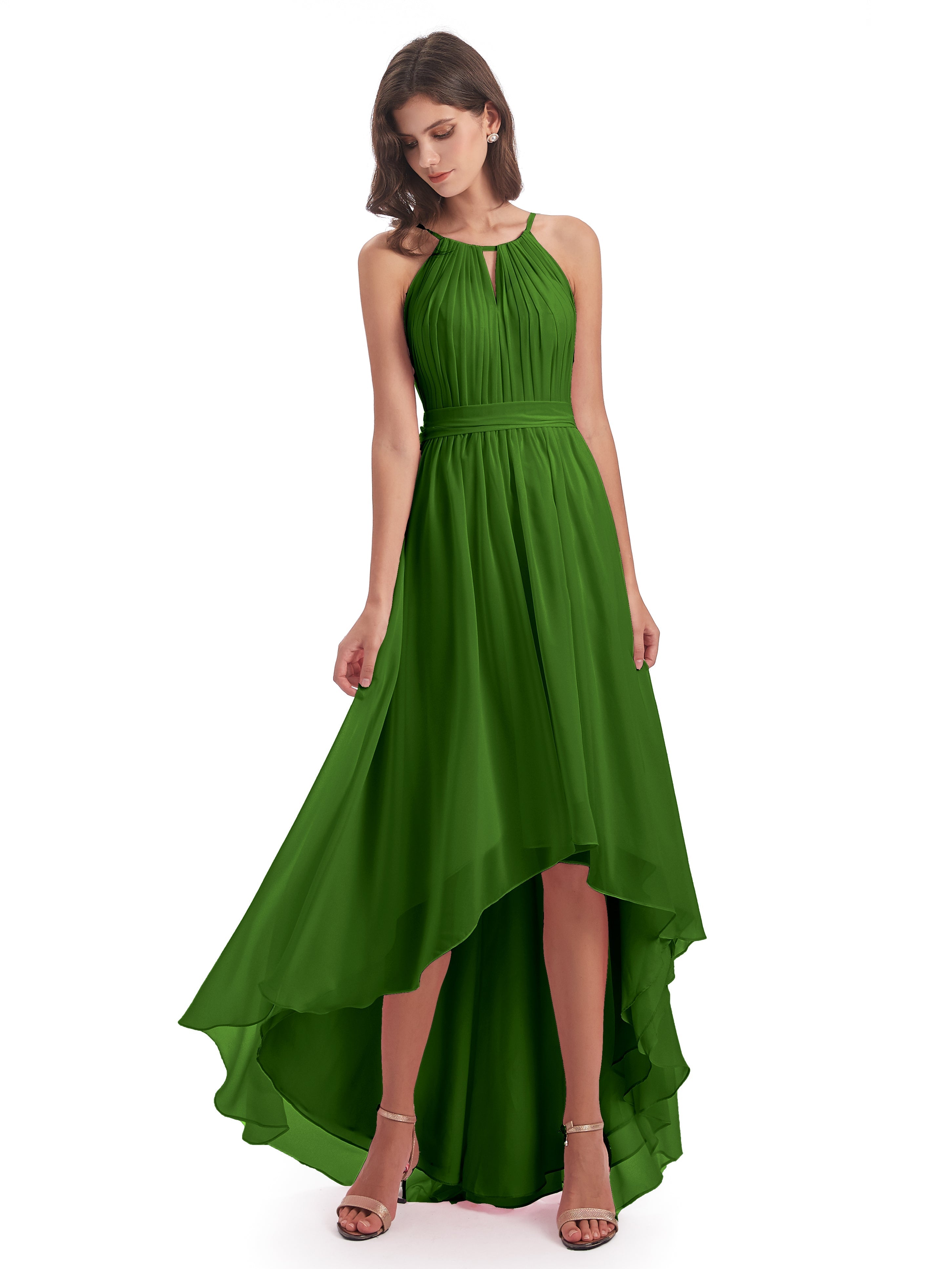 Robes De Demoiselle D'Honneur Vert Mousse Asymétrique Haute Basse Licou Mousseline Robes Demoiselle D'Honneur