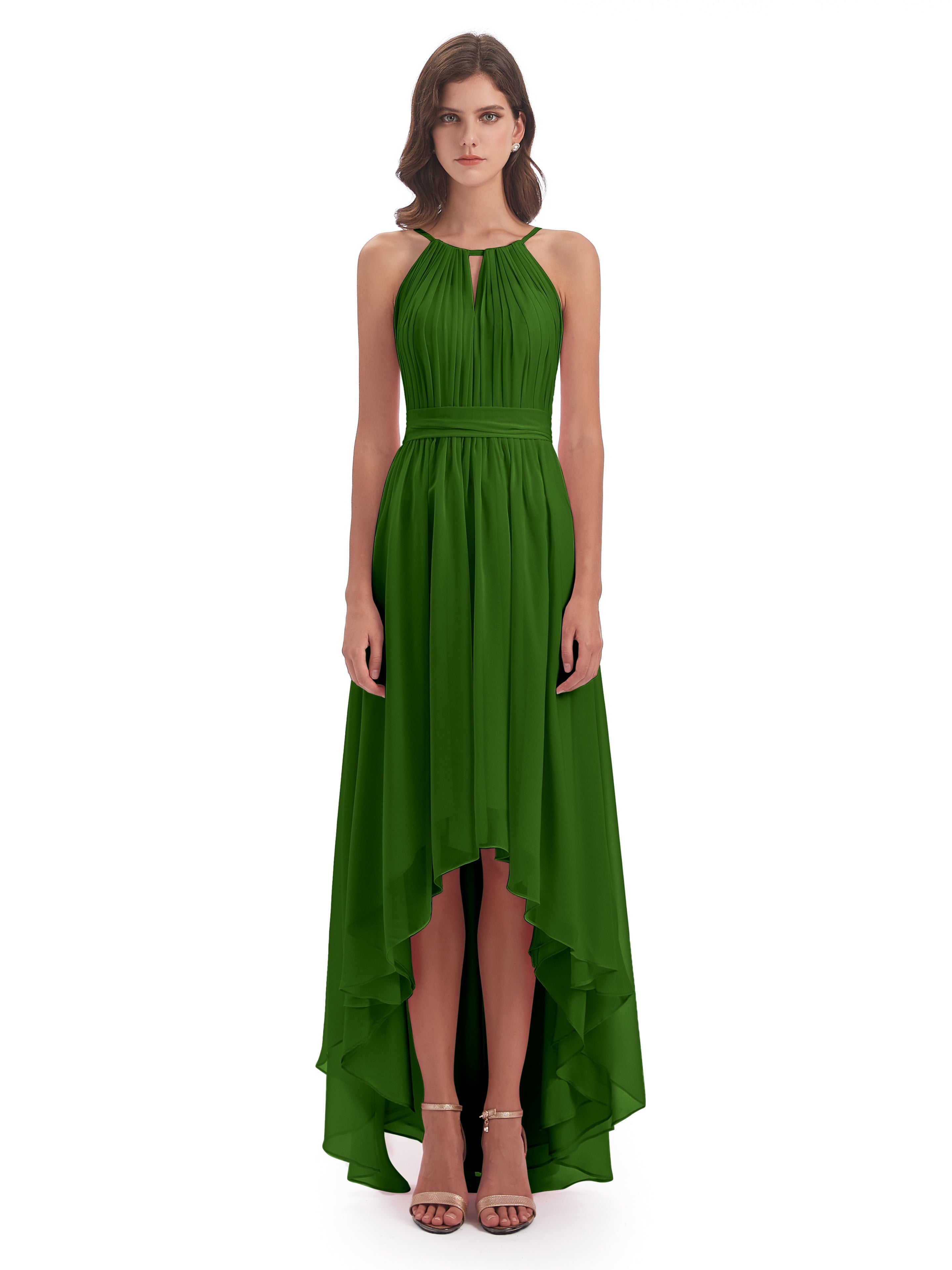 Robes De Demoiselle D'Honneur Vert Mousse Asymétrique Haute Basse Licou Mousseline Robes Demoiselle D'Honneur