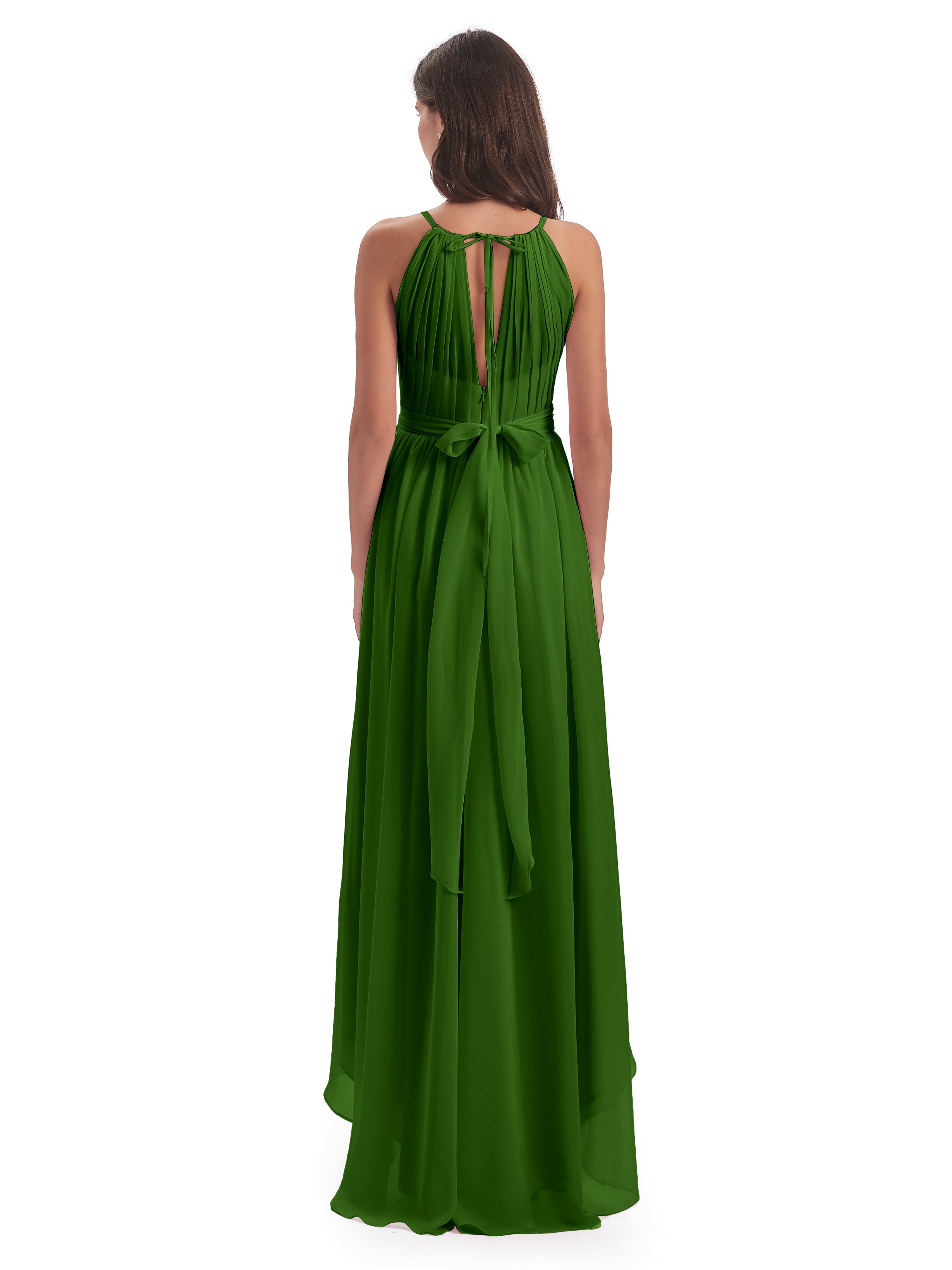 Robes De Demoiselle D'Honneur Vert Mousse Asymétrique Haute Basse Licou Mousseline Robes Demoiselle D'Honneur