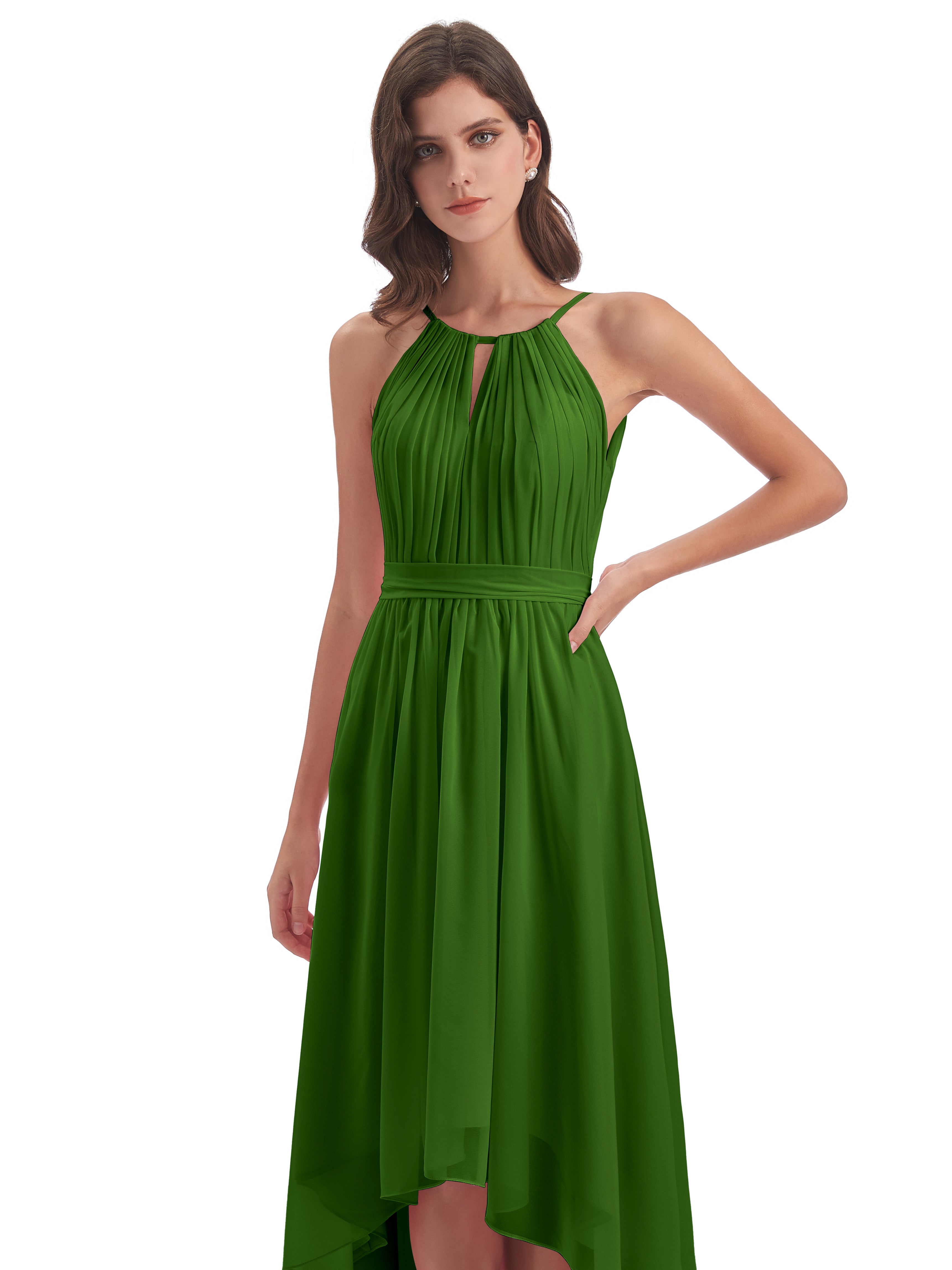 Robes De Demoiselle D'Honneur Vert Mousse Asymétrique Haute Basse Licou Mousseline Robes Demoiselle D'Honneur
