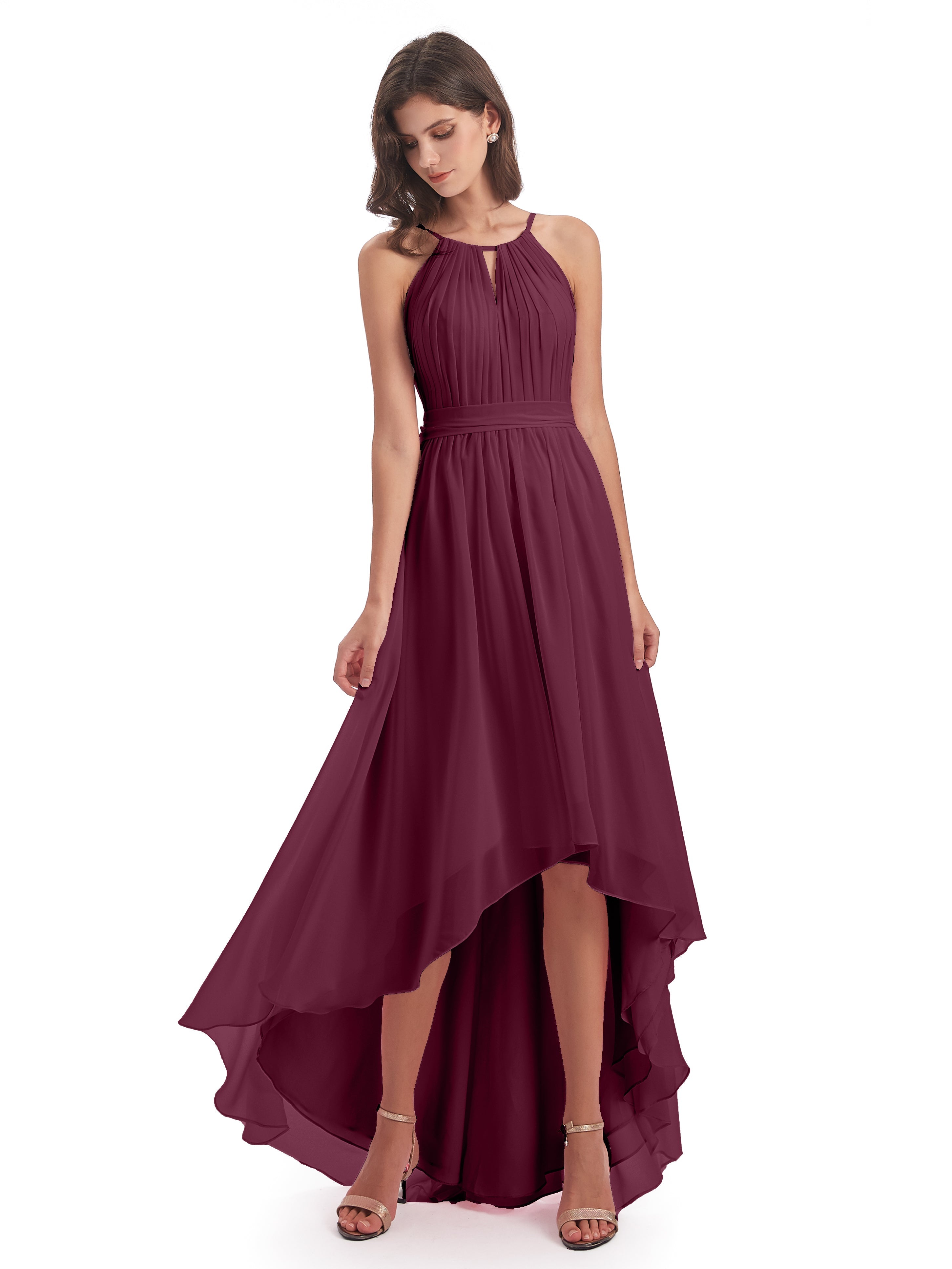 Robes De Demoiselle D'Honneur Mure Asymétrique Haute Basse Licou Mousseline Robes Demoiselle D'Honneur