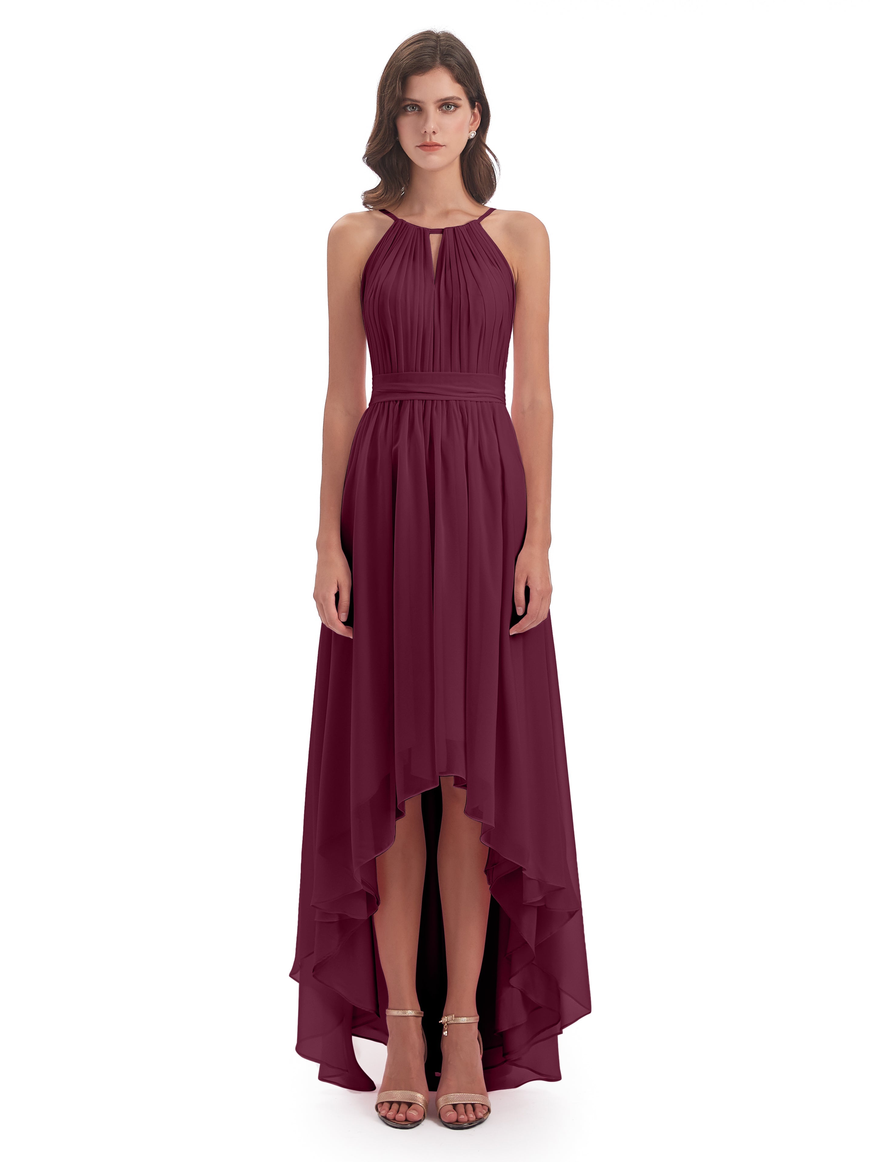 Robes De Demoiselle D'Honneur Mure Asymétrique Haute Basse Licou Mousseline Robes Demoiselle D'Honneur