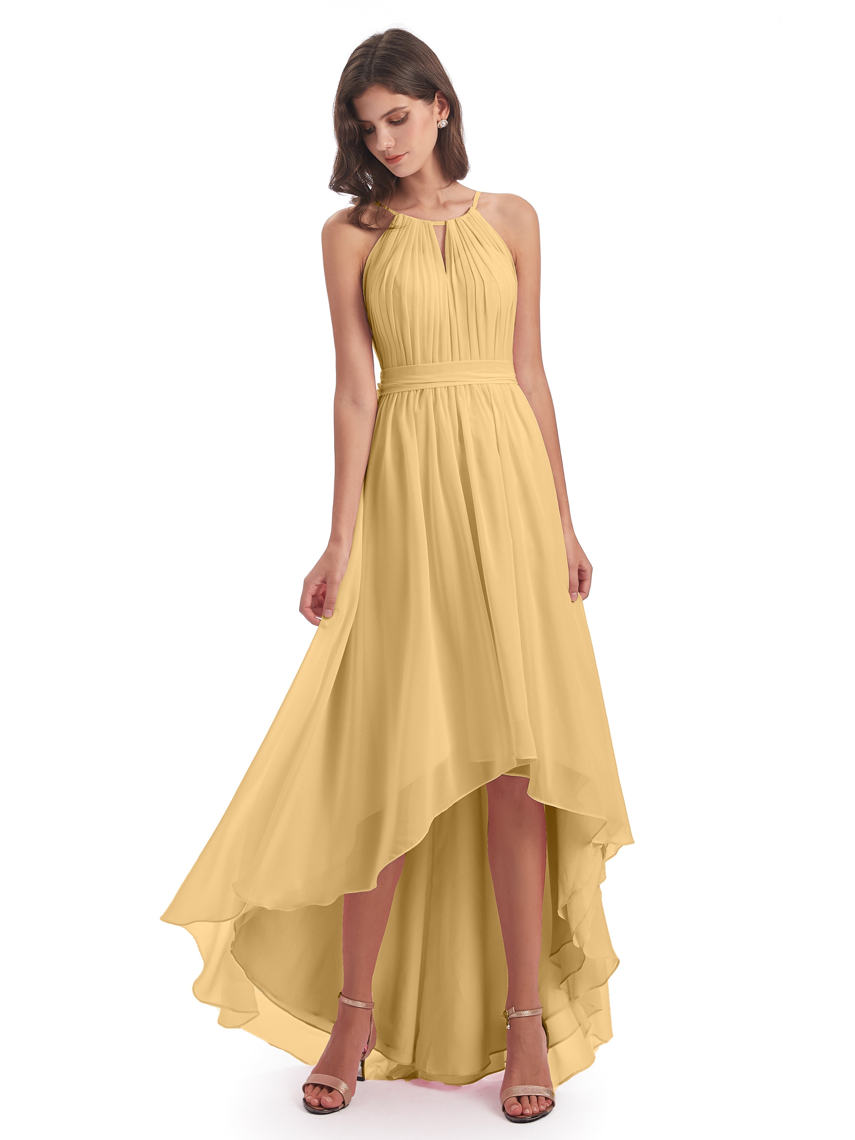 Robe Dorée Mariage Demoiselle D Honneur Asymétrique Haute Basse Licou Mousseline Robes Demoiselle D'Honneur