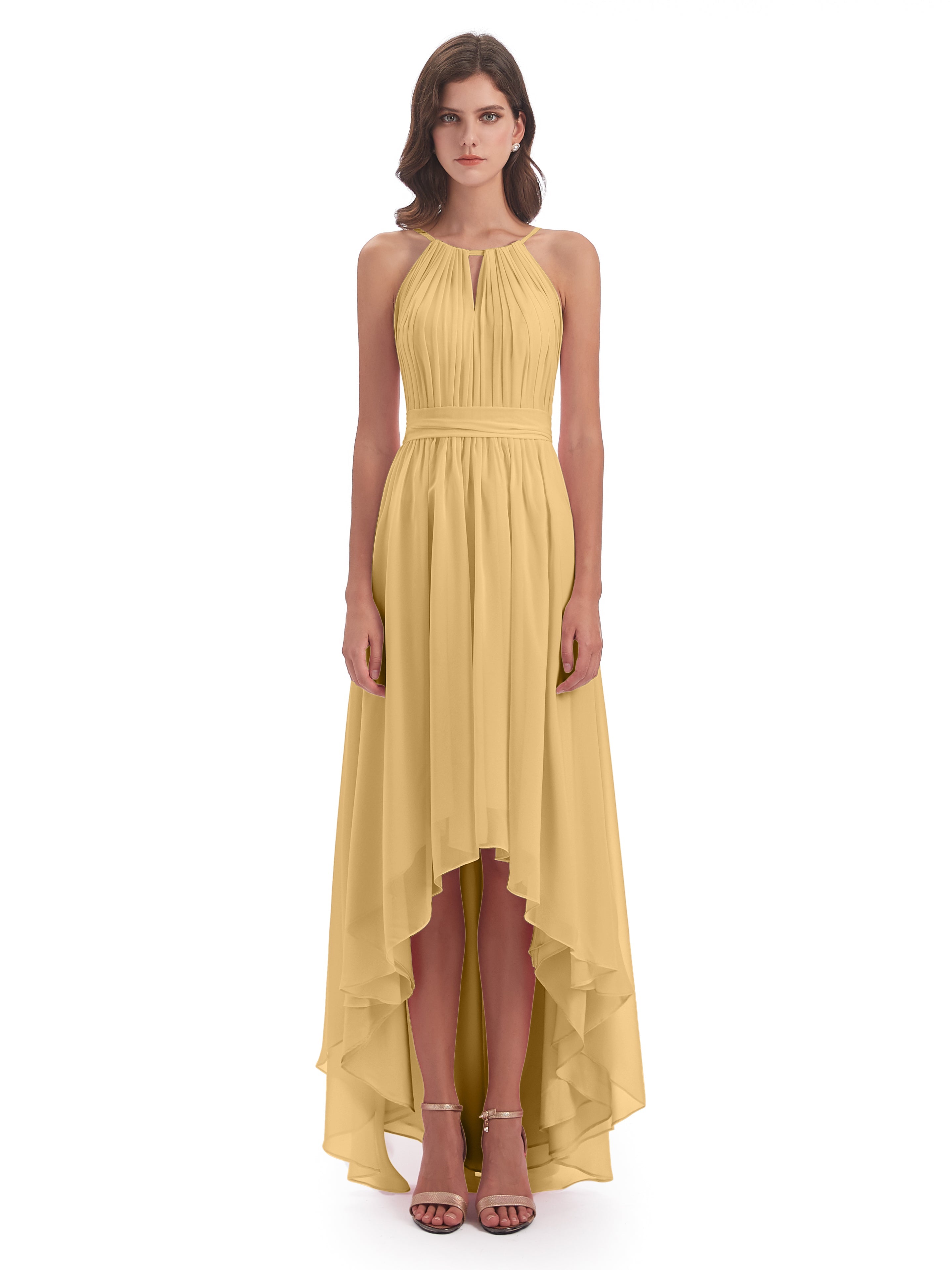 Robe Dorée Mariage Demoiselle D Honneur Asymétrique Haute Basse Licou Mousseline Robes Demoiselle D'Honneur