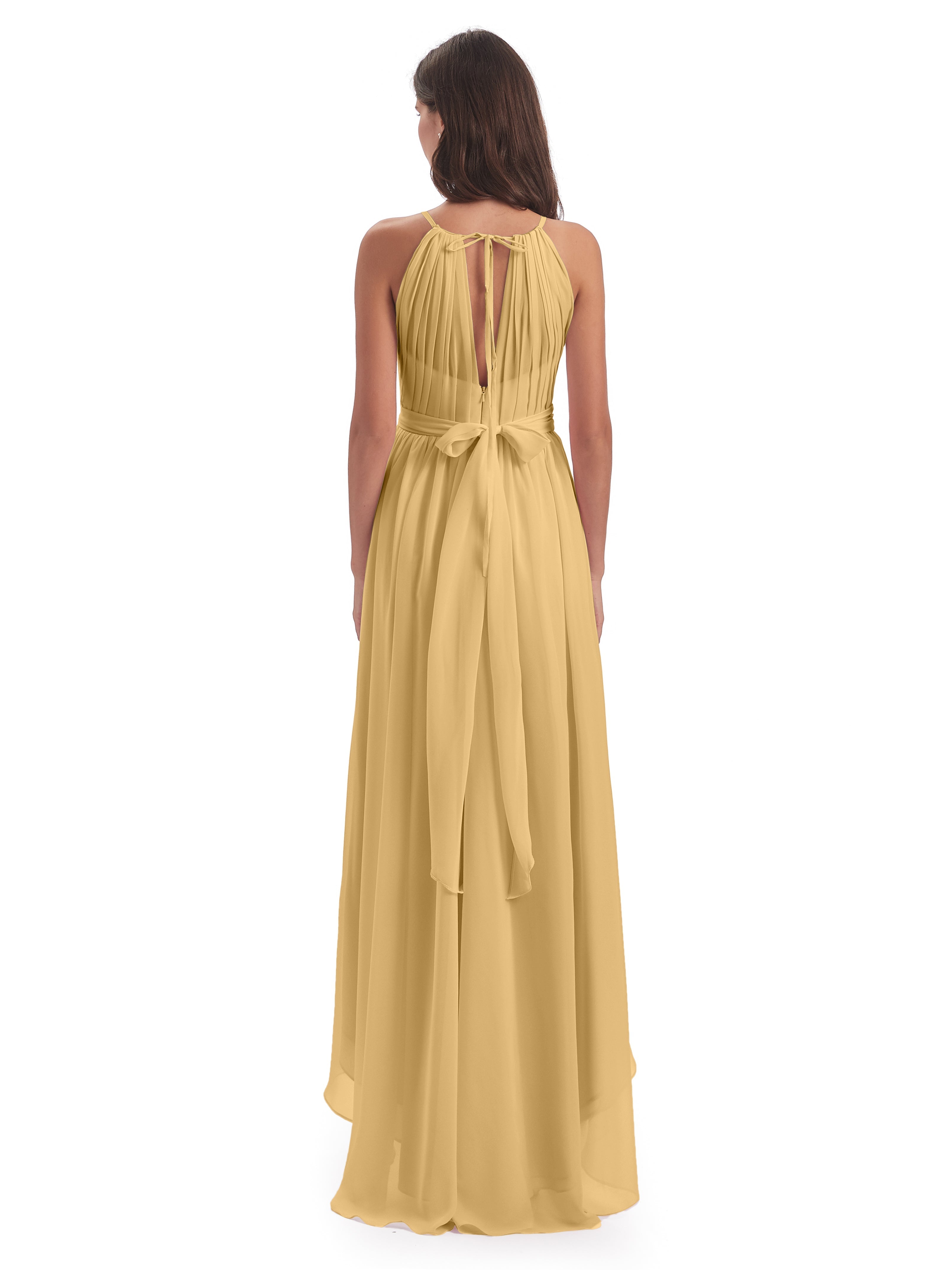 Robe Dorée Mariage Demoiselle D Honneur Asymétrique Haute Basse Licou Mousseline Robes Demoiselle D'Honneur