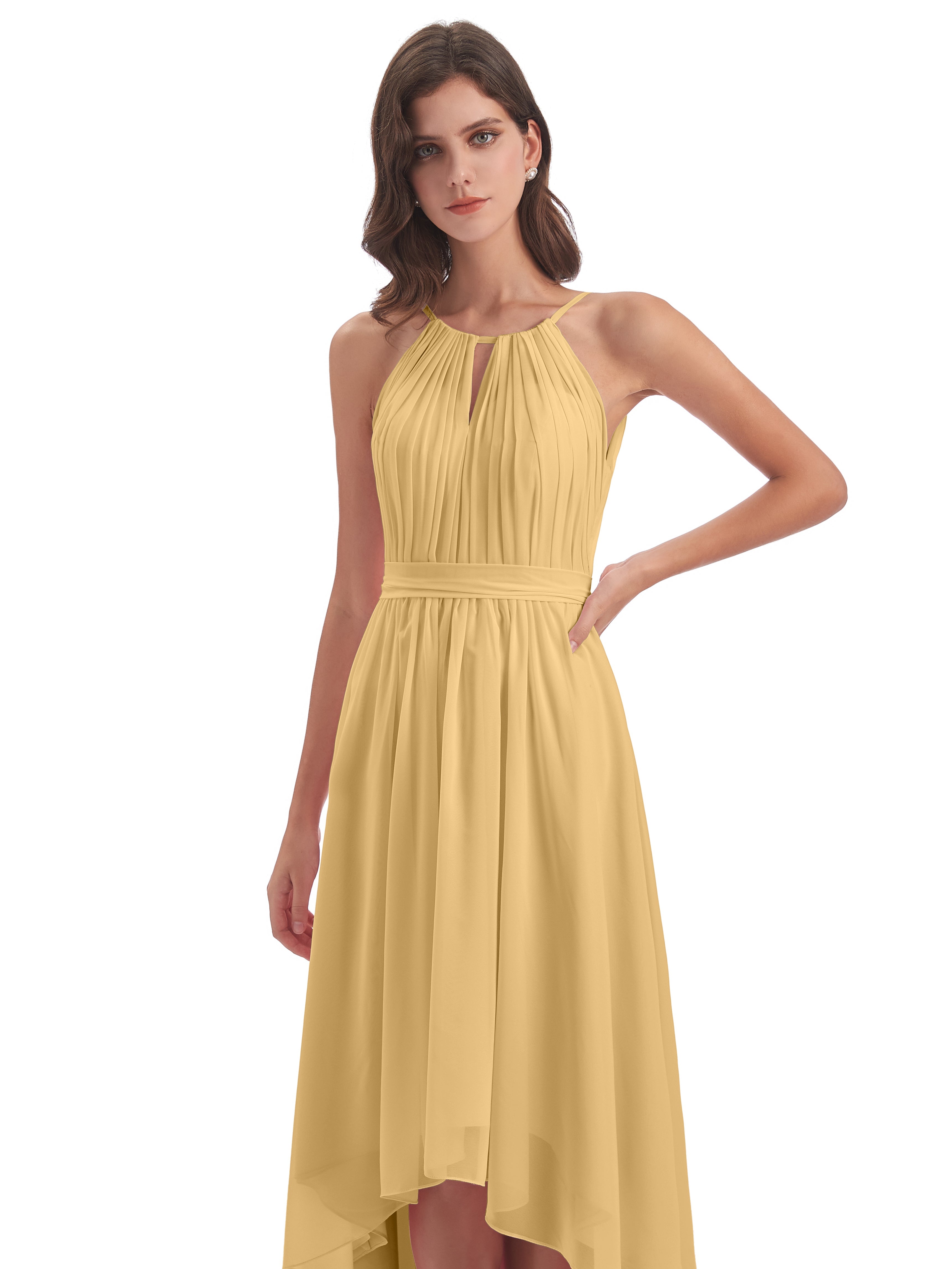 Robe Dorée Mariage Demoiselle D Honneur Asymétrique Haute Basse Licou Mousseline Robes Demoiselle D'Honneur
