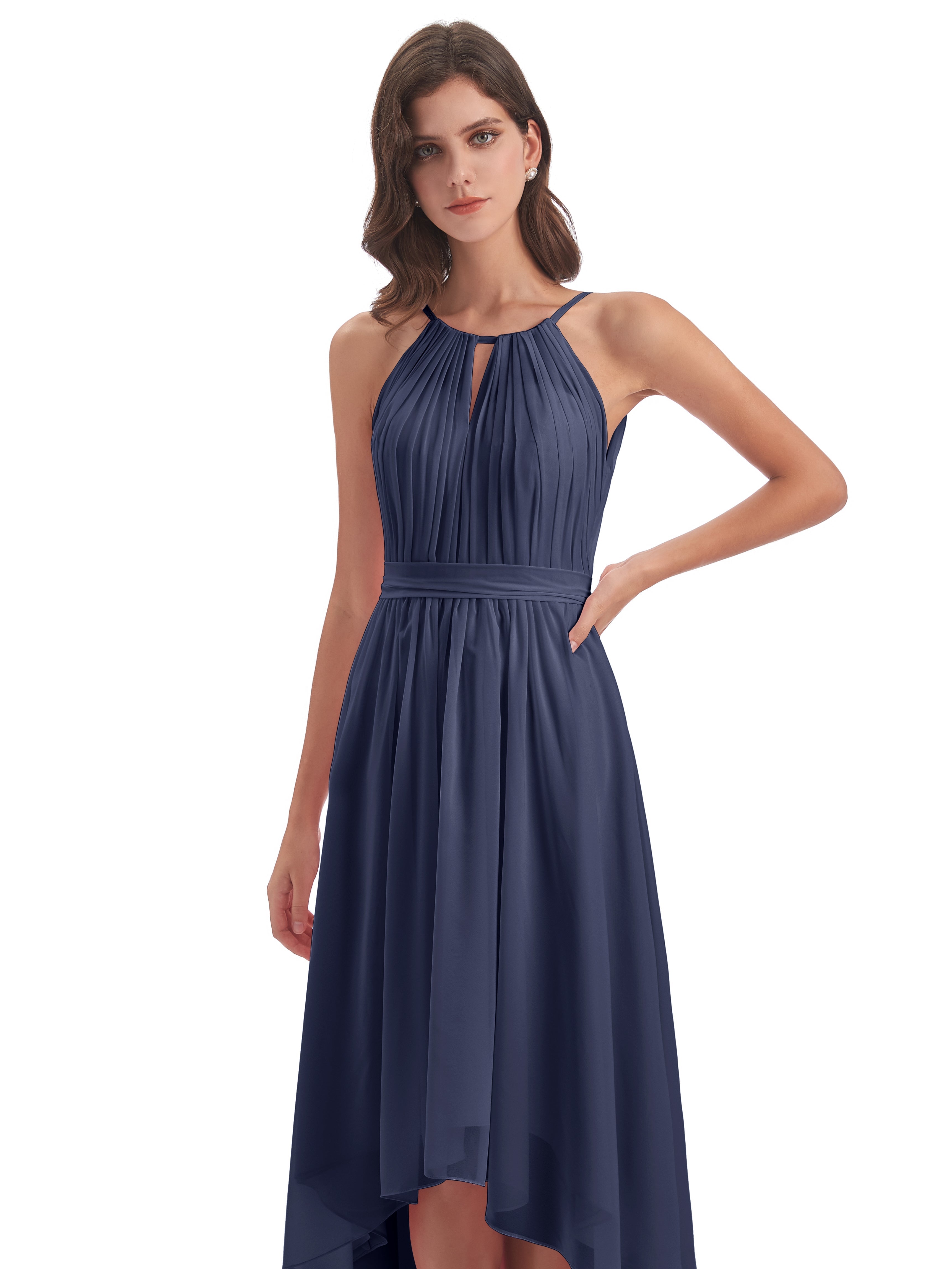 Robes De Demoiselle D'Honneur Bleu Orageux Asymétrique Haute Basse Licou Mousseline Robes Demoiselle D'Honneur