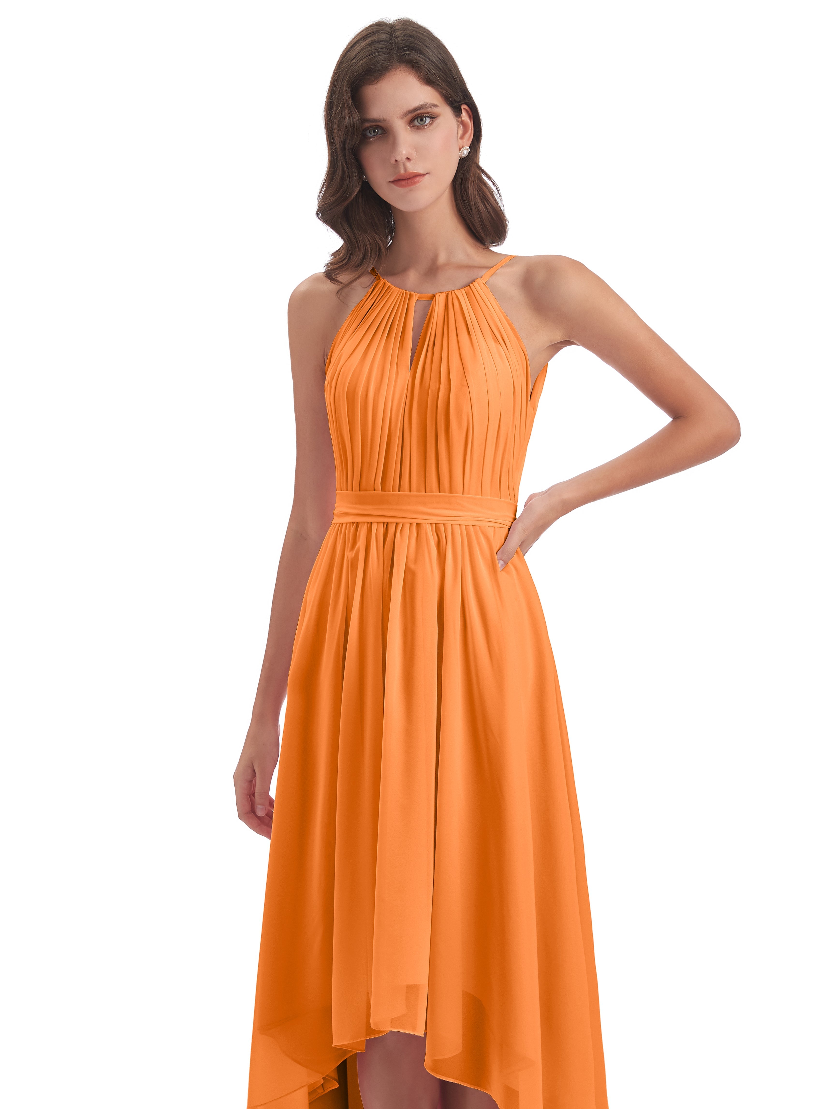 Demoiselle Dhonneur Robe Orange Asymétrique Haute Basse Licou Mousseline Robes Demoiselle D'Honneur