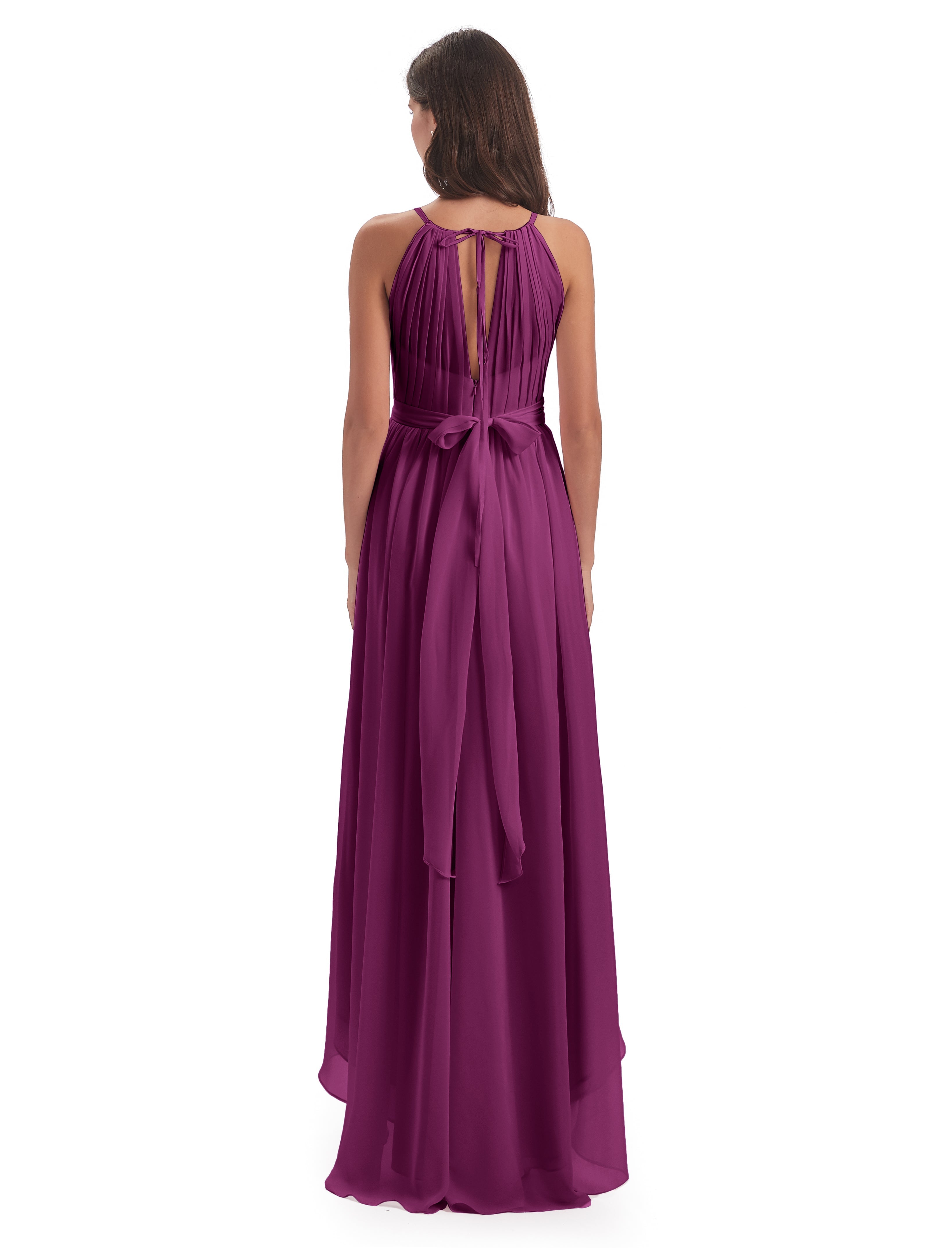 Robes De Demoiselle D'Honneur Orchidée Asymétrique Haute Basse Licou Mousseline Robes Demoiselle D'Honneur
