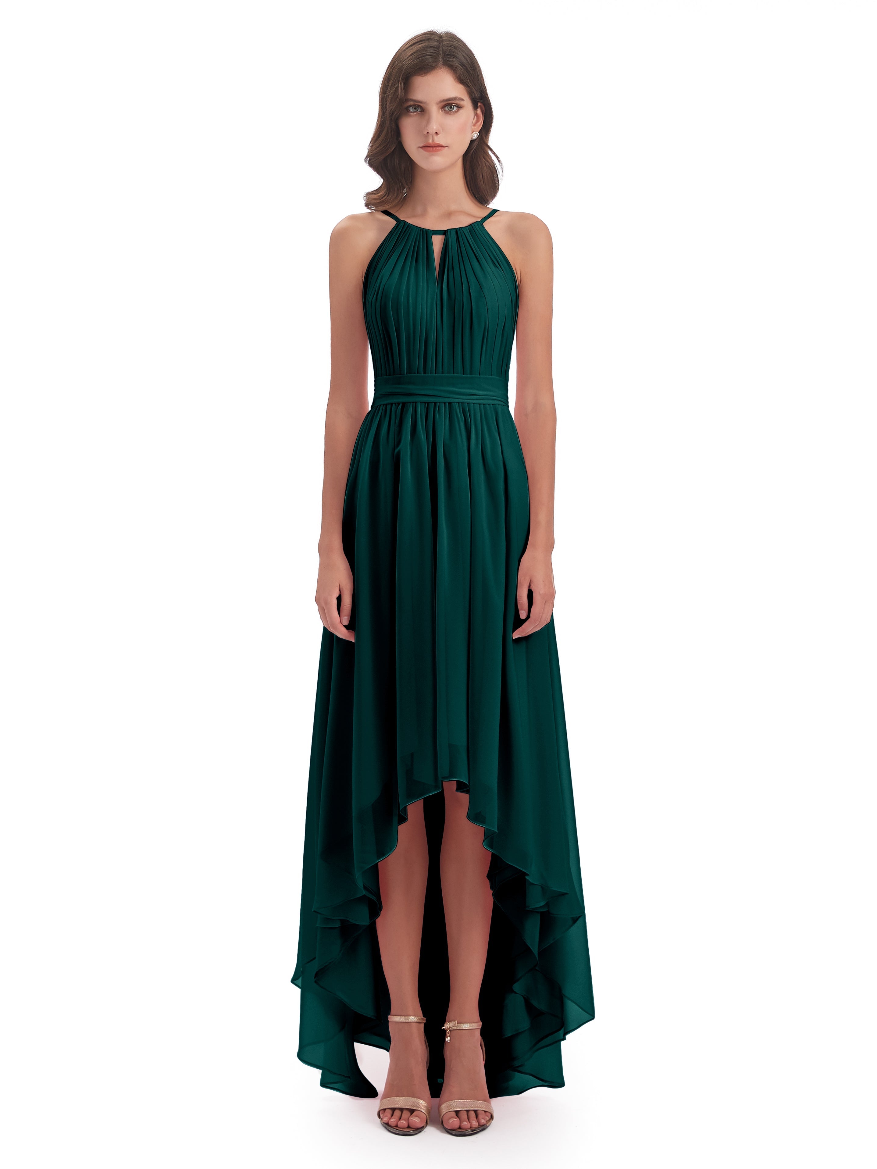 Robe De Demoiselle D'Honneur En Mousseline De Paon Asymétrique Haute Basse Licou Mousseline Robes Demoiselle D'Honneur
