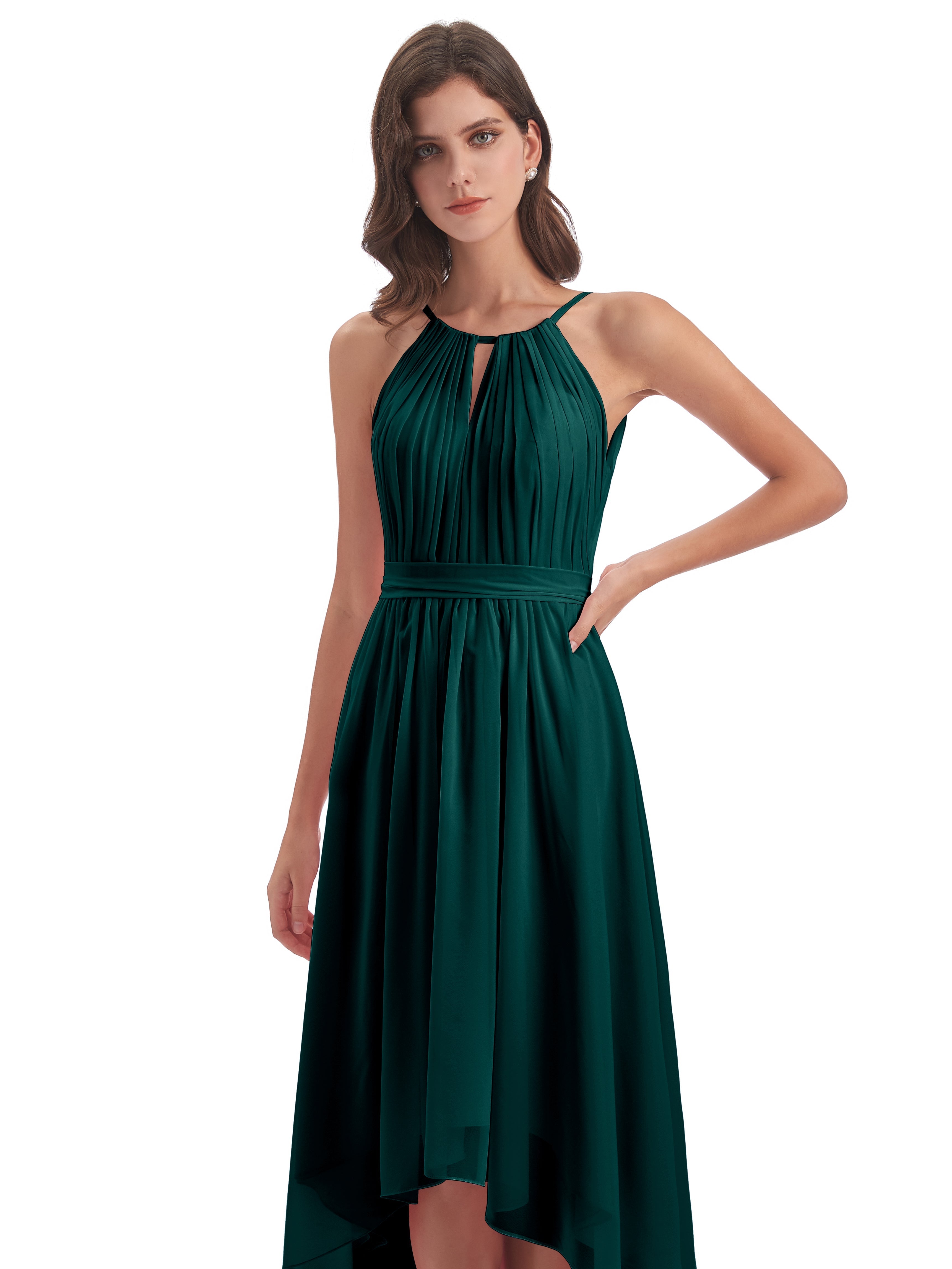 Robe De Demoiselle D'Honneur En Mousseline De Paon Asymétrique Haute Basse Licou Mousseline Robes Demoiselle D'Honneur