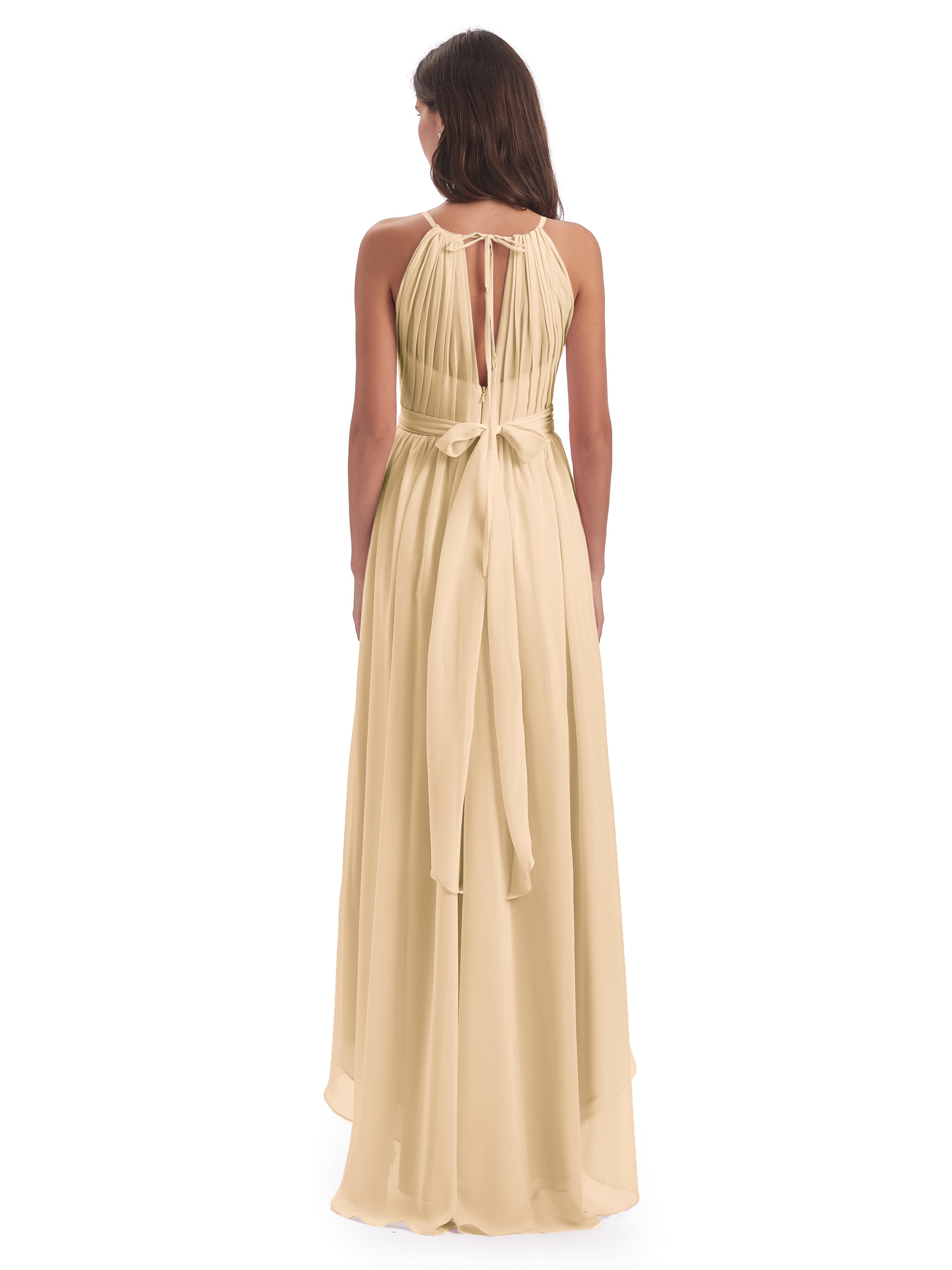 Robe De Demoiselle D Honneur Peche Asymétrique Haute Basse Licou Mousseline Robes Demoiselle D'Honneur