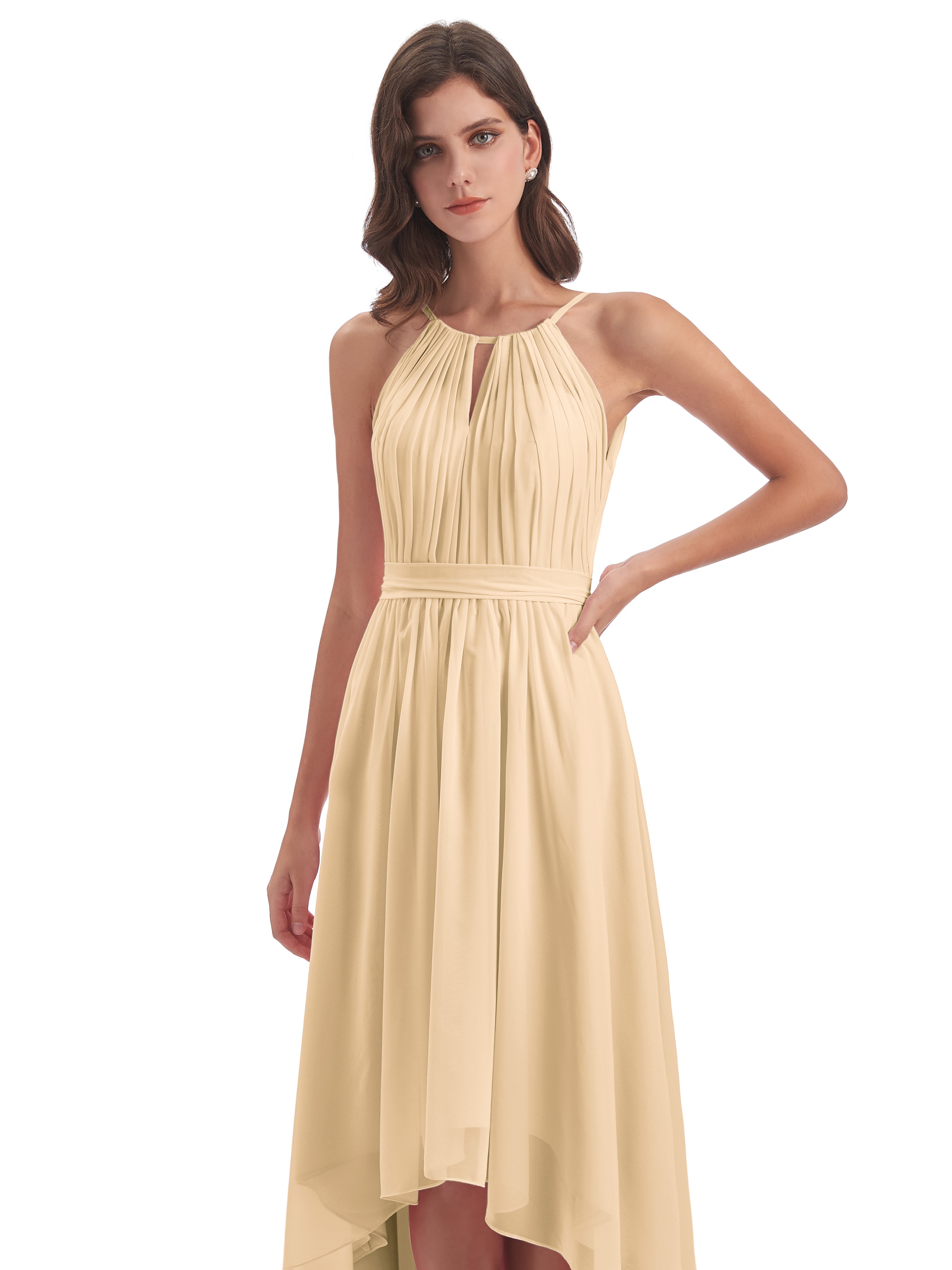 Robe De Demoiselle D Honneur Peche Asymétrique Haute Basse Licou Mousseline Robes Demoiselle D'Honneur
