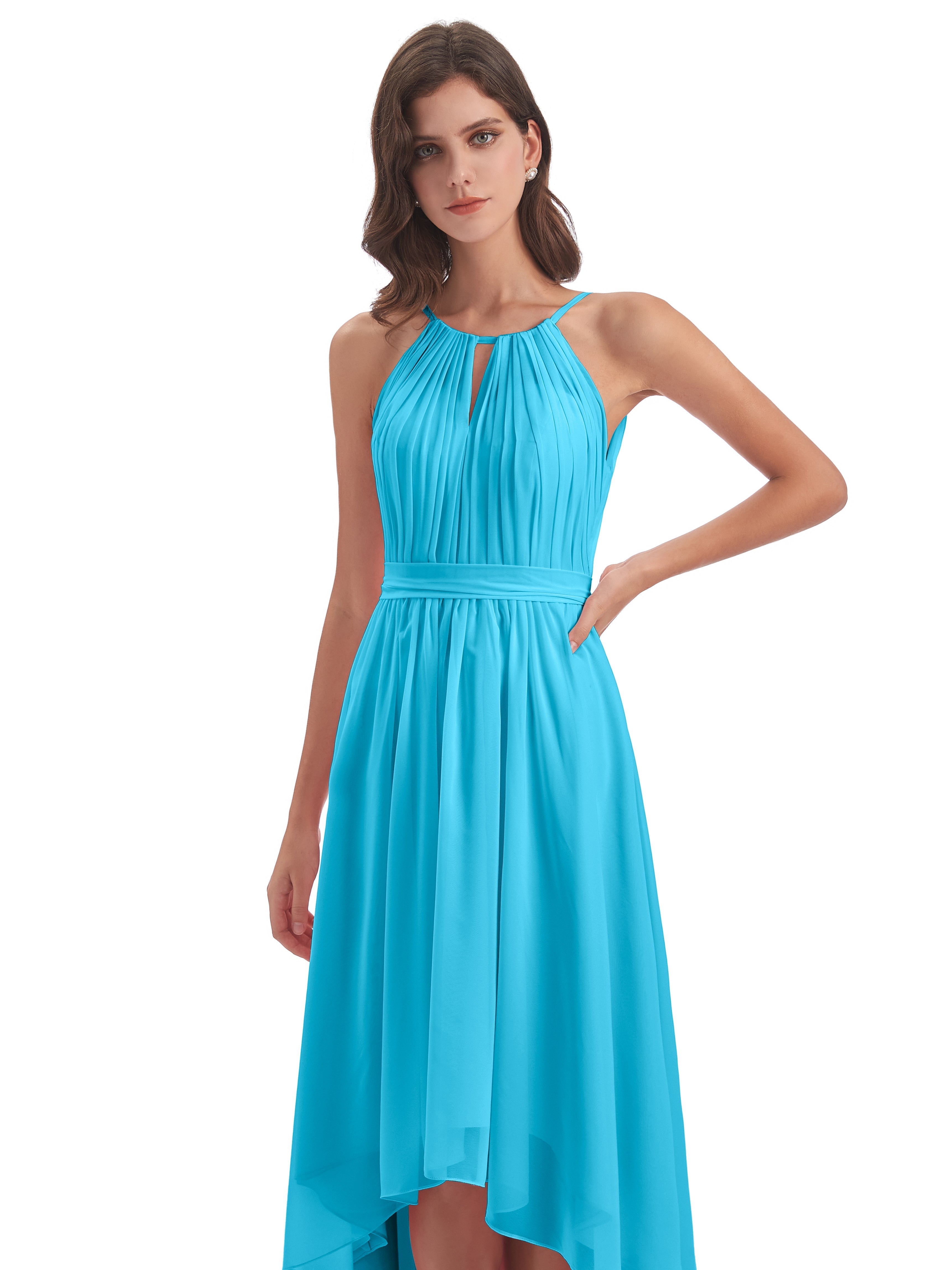 Robe De Demoiselle D'Honneur En Piscine Asymétrique Haute Basse Licou Mousseline Robes Demoiselle D'Honneur