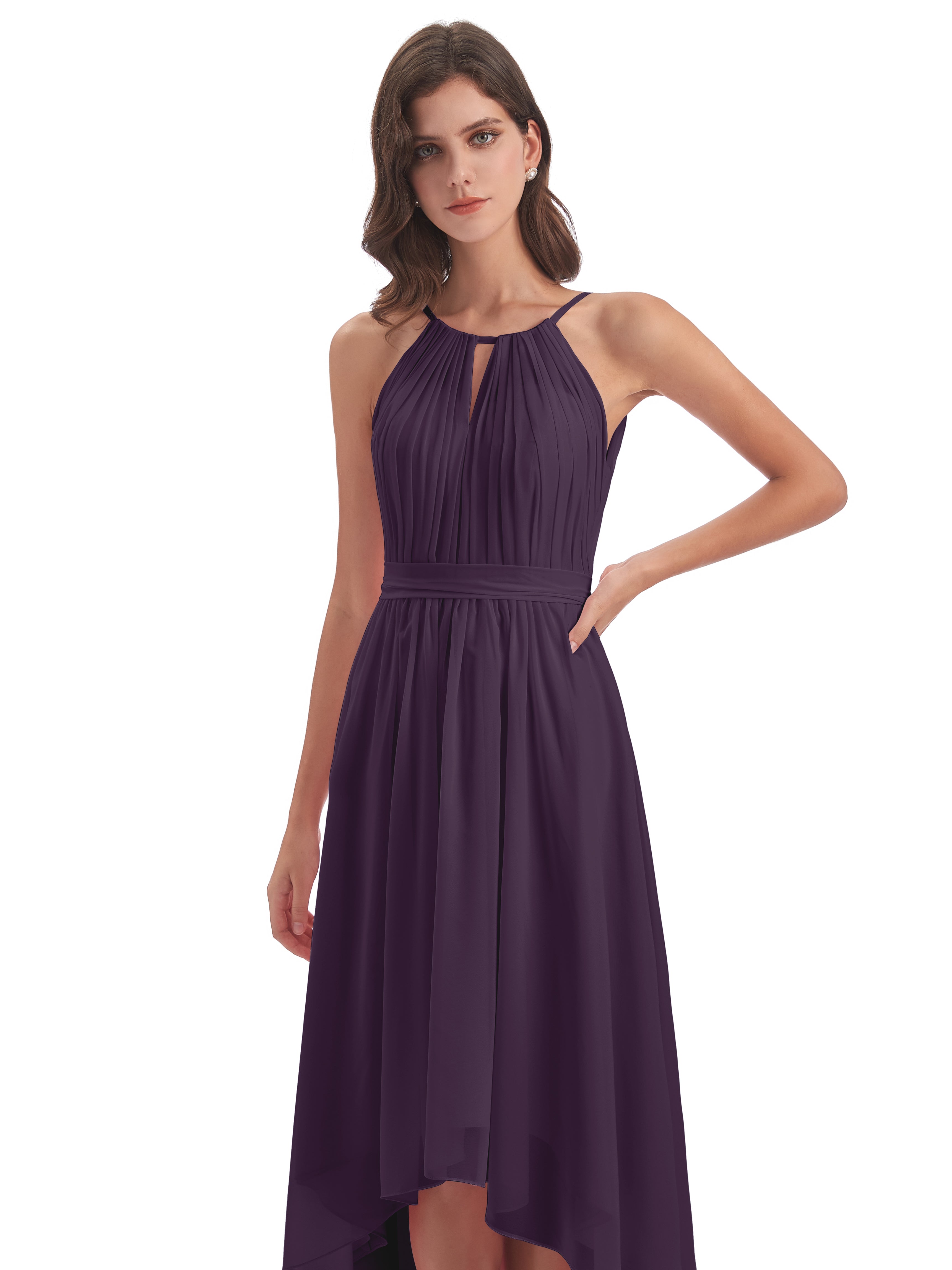 Robe Demoiselle D Honneur Plume Asymétrique Haute Basse Licou Mousseline Robes Demoiselle D'Honneur
