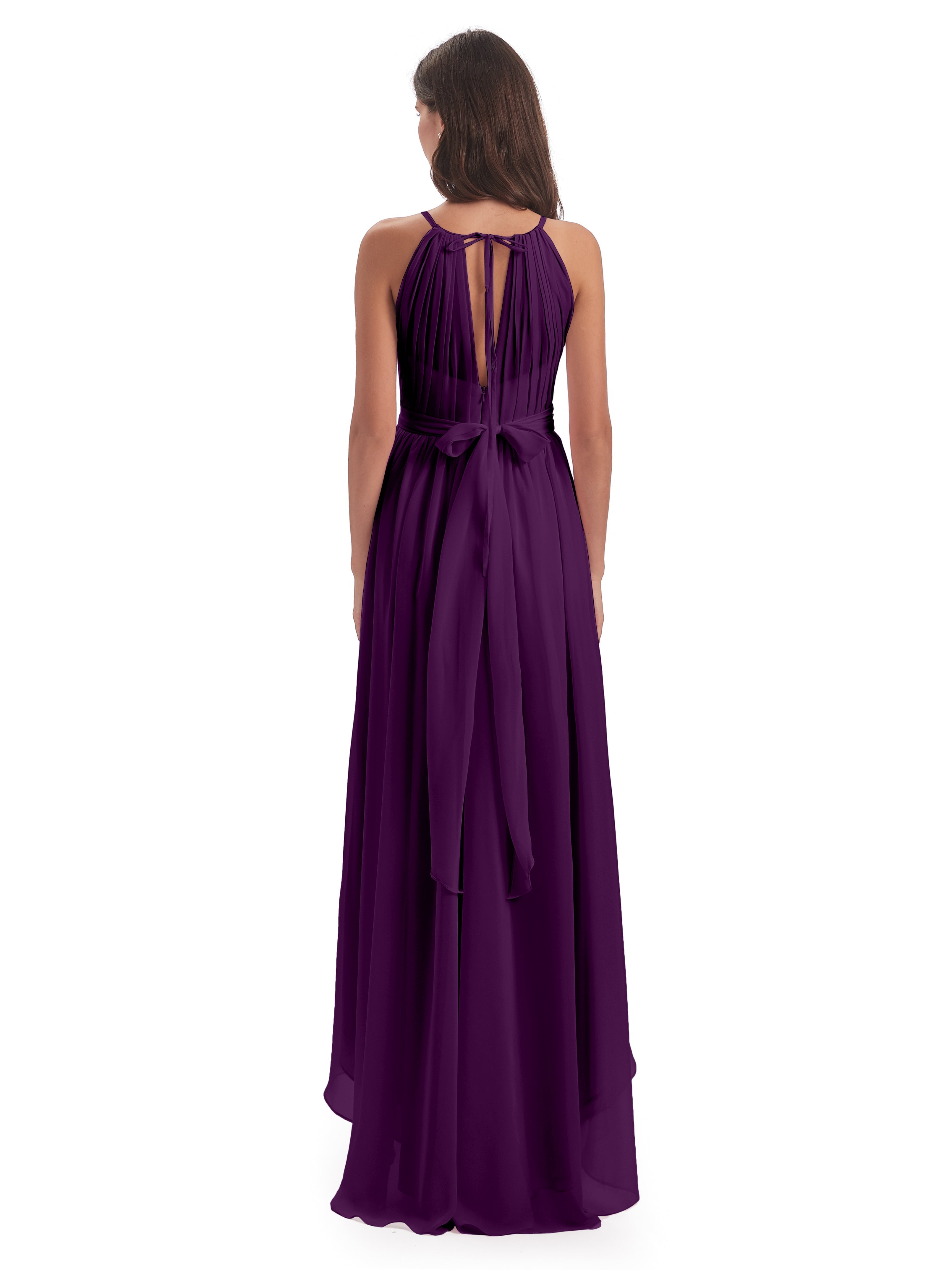 Robes De Demoiselle D'Honneur En Raisin Asymétrique Haute Basse Licou Mousseline Robes Demoiselle D'Honneur