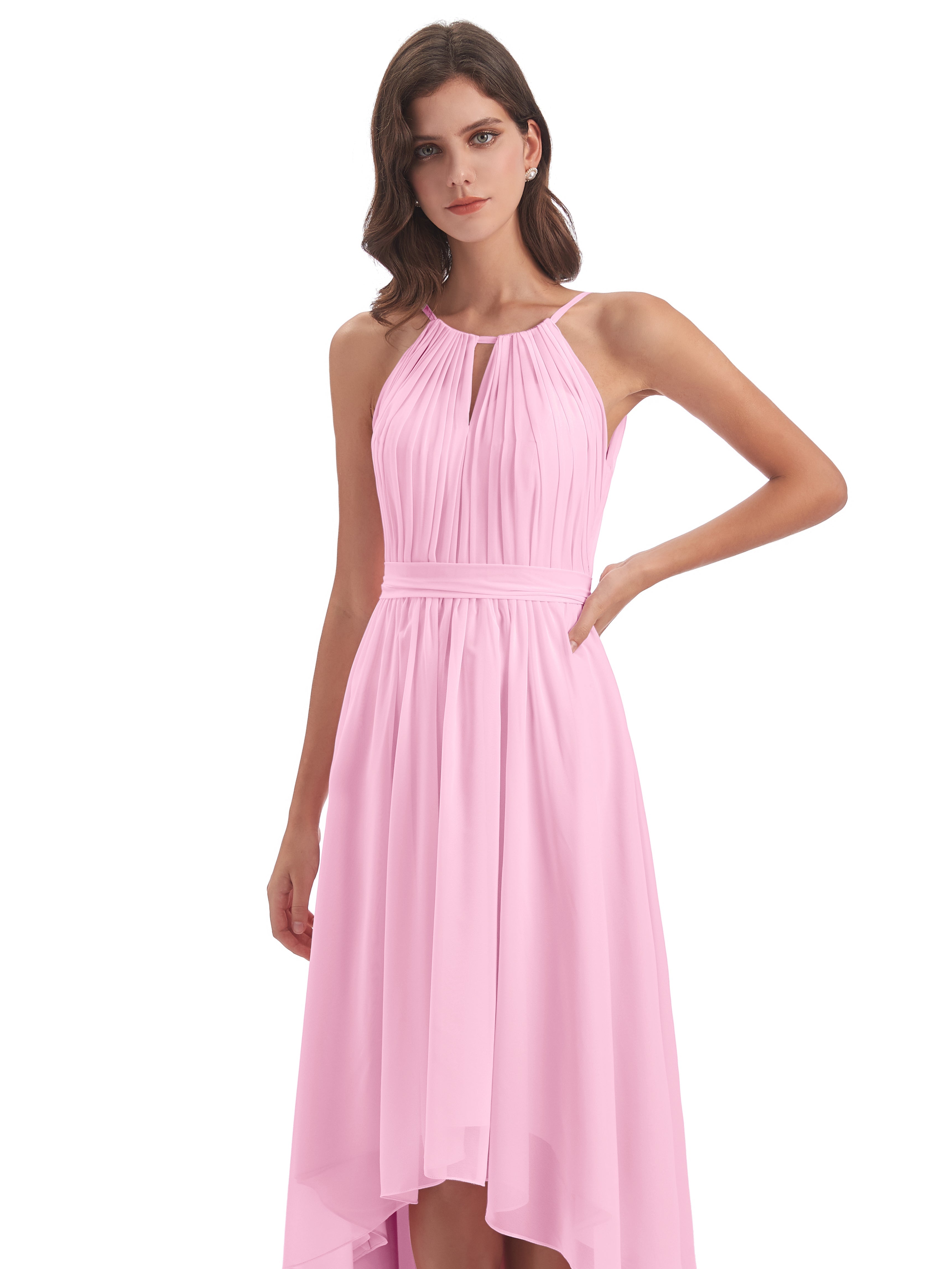 Robe Demoiselle D Honneur Rose Bonbon Asymétrique Haute Basse Licou Mousseline Robes Demoiselle D'Honneur