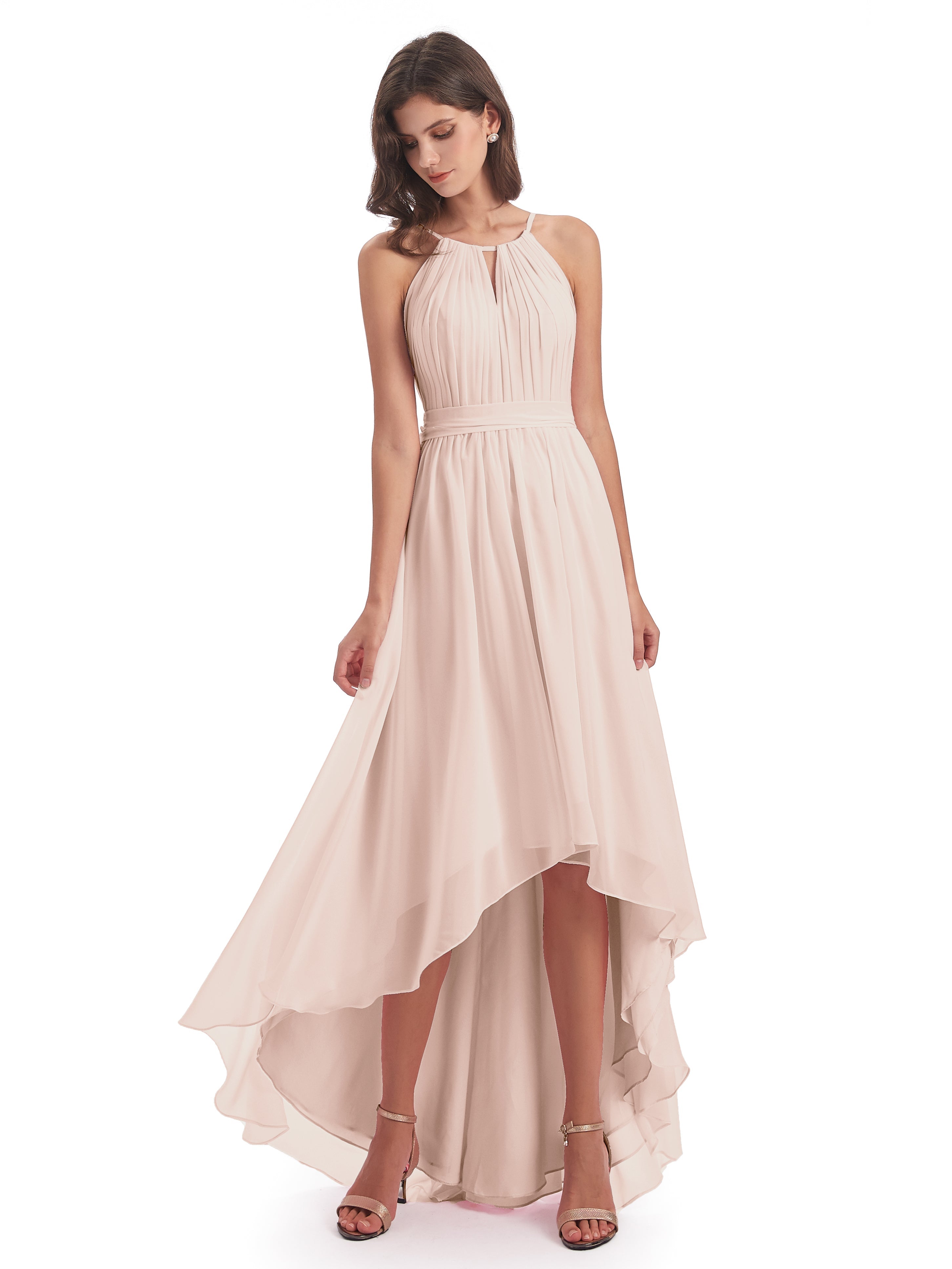 Robe Demoiselle D Honneur Rose Perle Asymétrique Haute Basse Licou Mousseline Robes Demoiselle D'Honneur