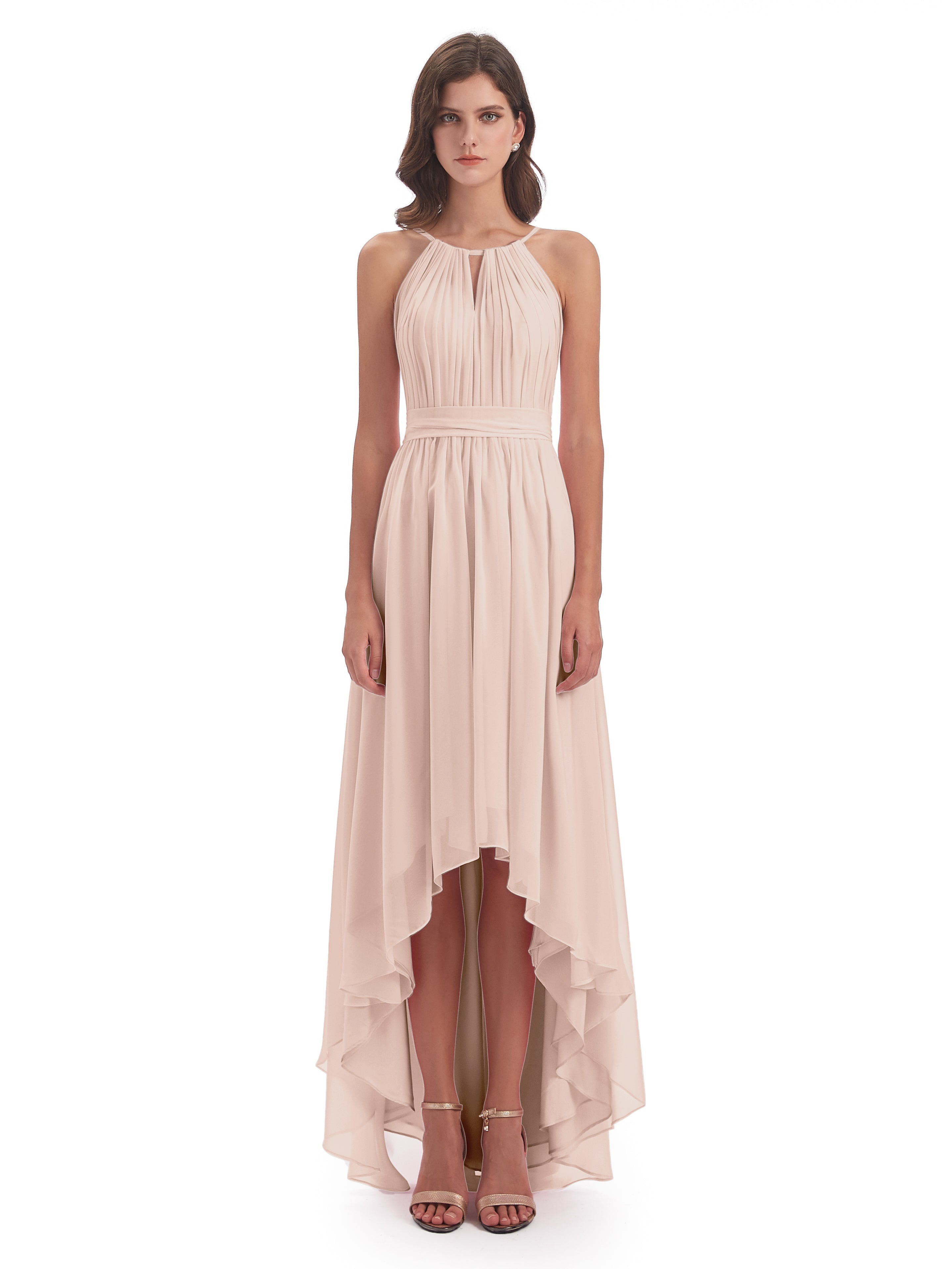 Robe Demoiselle D Honneur Rose Perle Asymétrique Haute Basse Licou Mousseline Robes Demoiselle D'Honneur