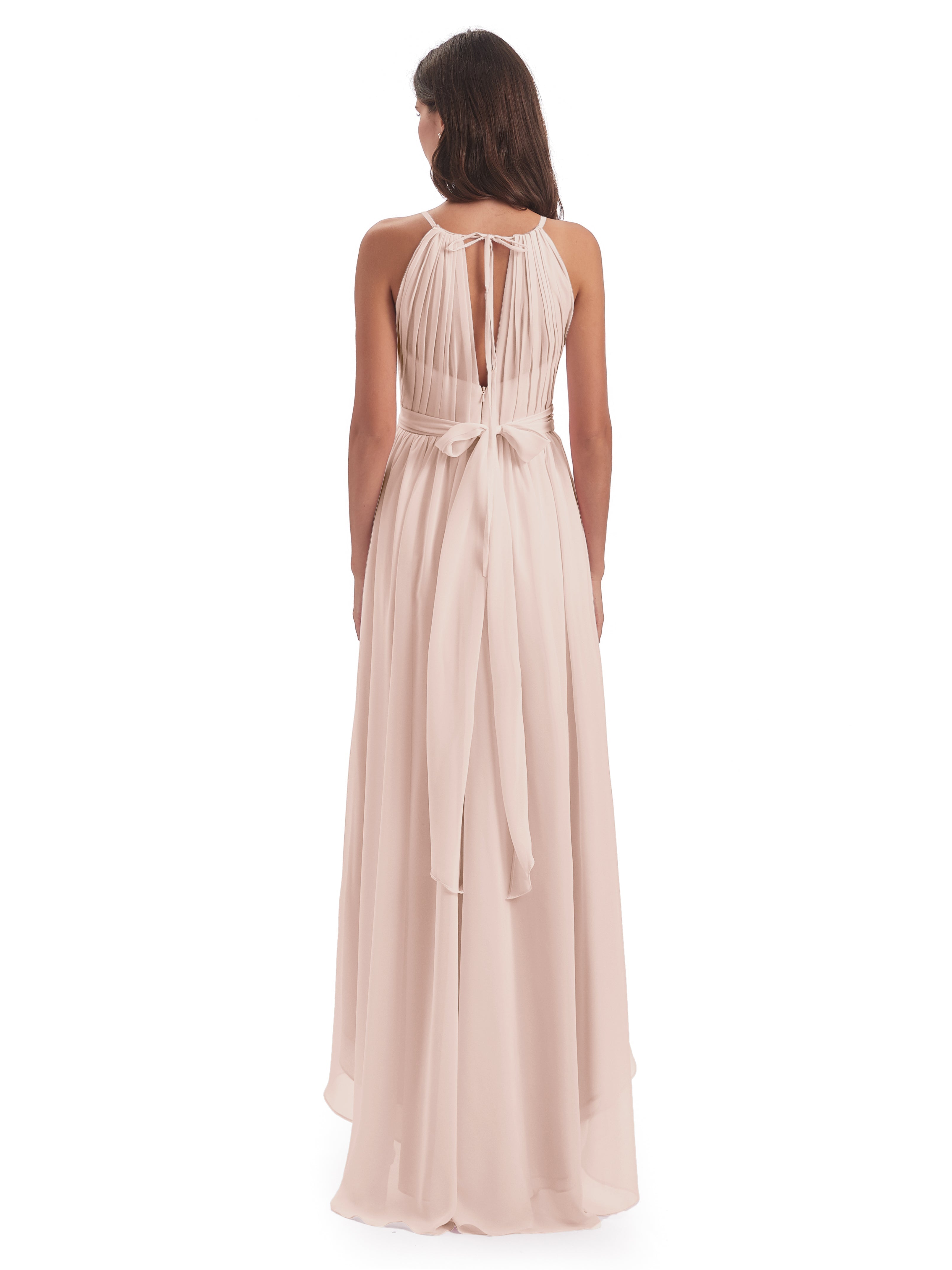 Robe Demoiselle D Honneur Rose Perle Asymétrique Haute Basse Licou Mousseline Robes Demoiselle D'Honneur