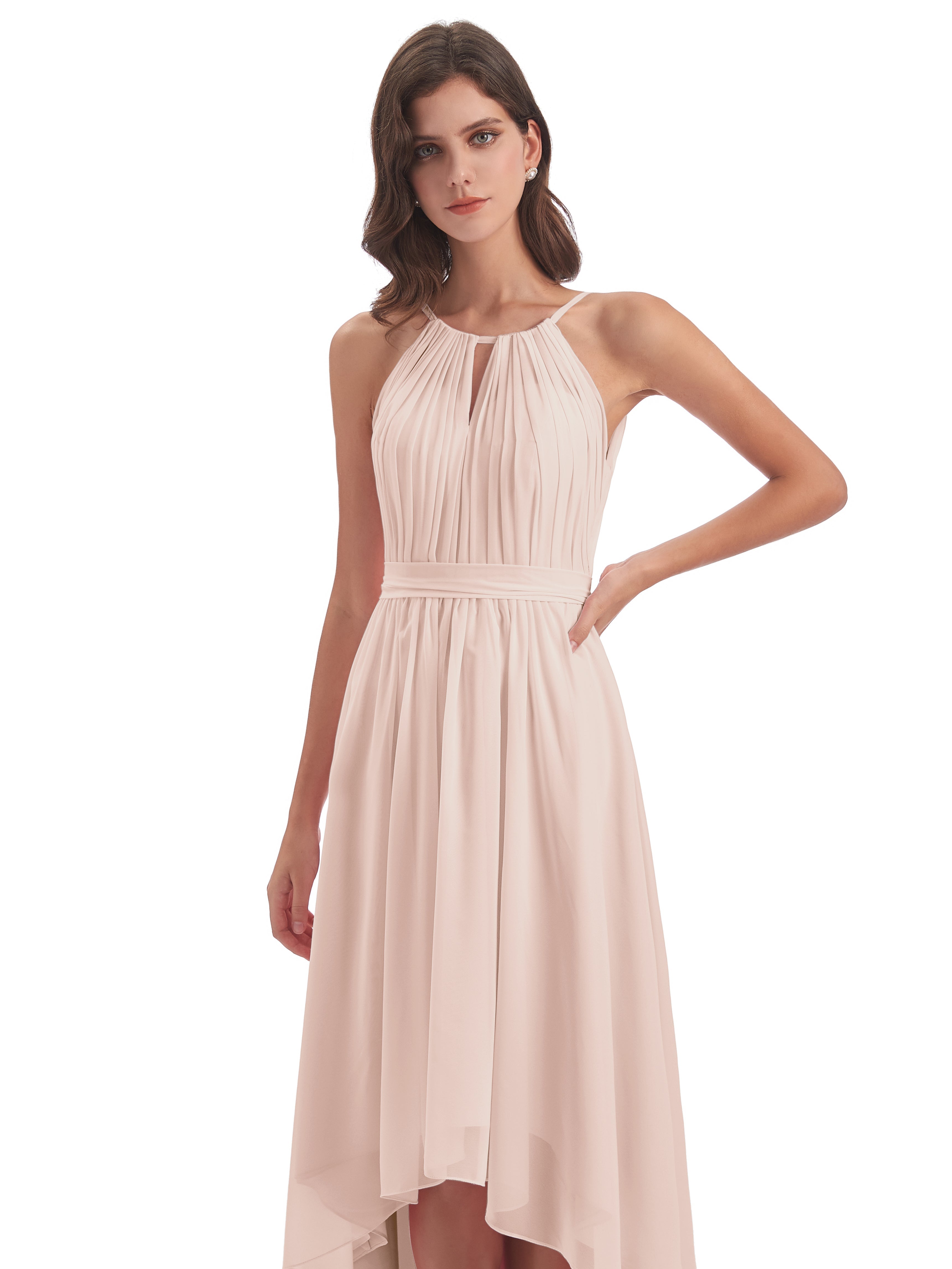 Robe Demoiselle D Honneur Rose Perle Asymétrique Haute Basse Licou Mousseline Robes Demoiselle D'Honneur