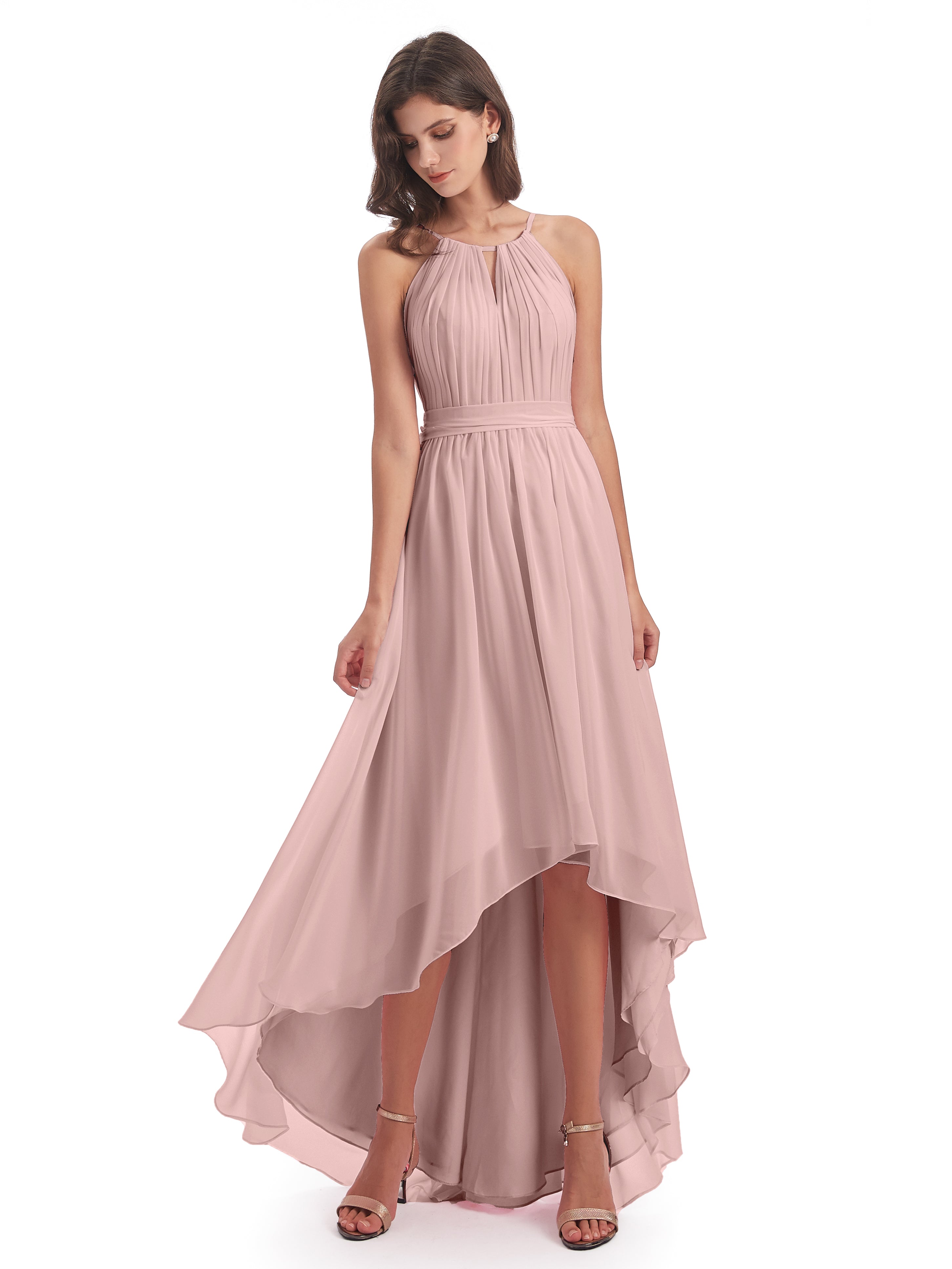 Robe Rose Poudré Demoiselle D Honneur Asymétrique Haute Basse Licou Mousseline Robes Demoiselle D'Honneur