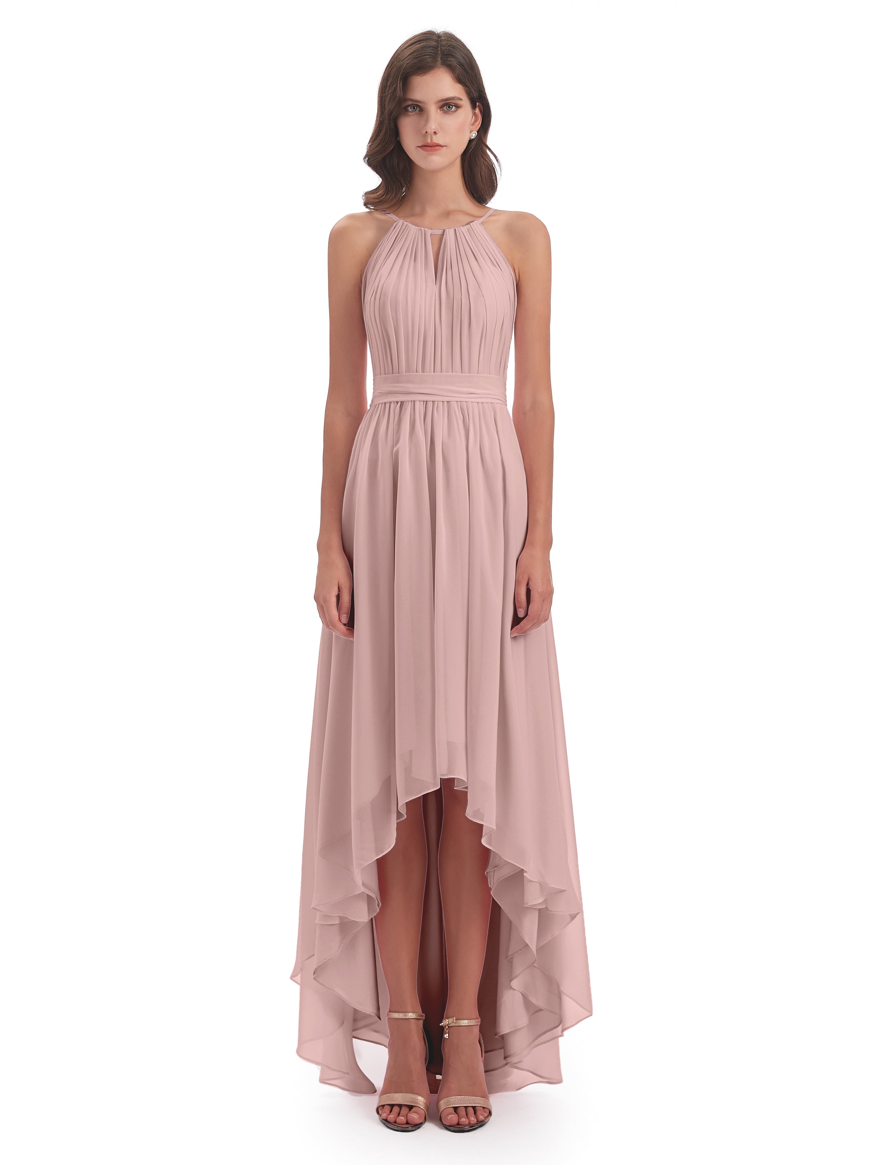 Robe Rose Poudré Demoiselle D Honneur Asymétrique Haute Basse Licou Mousseline Robes Demoiselle D'Honneur