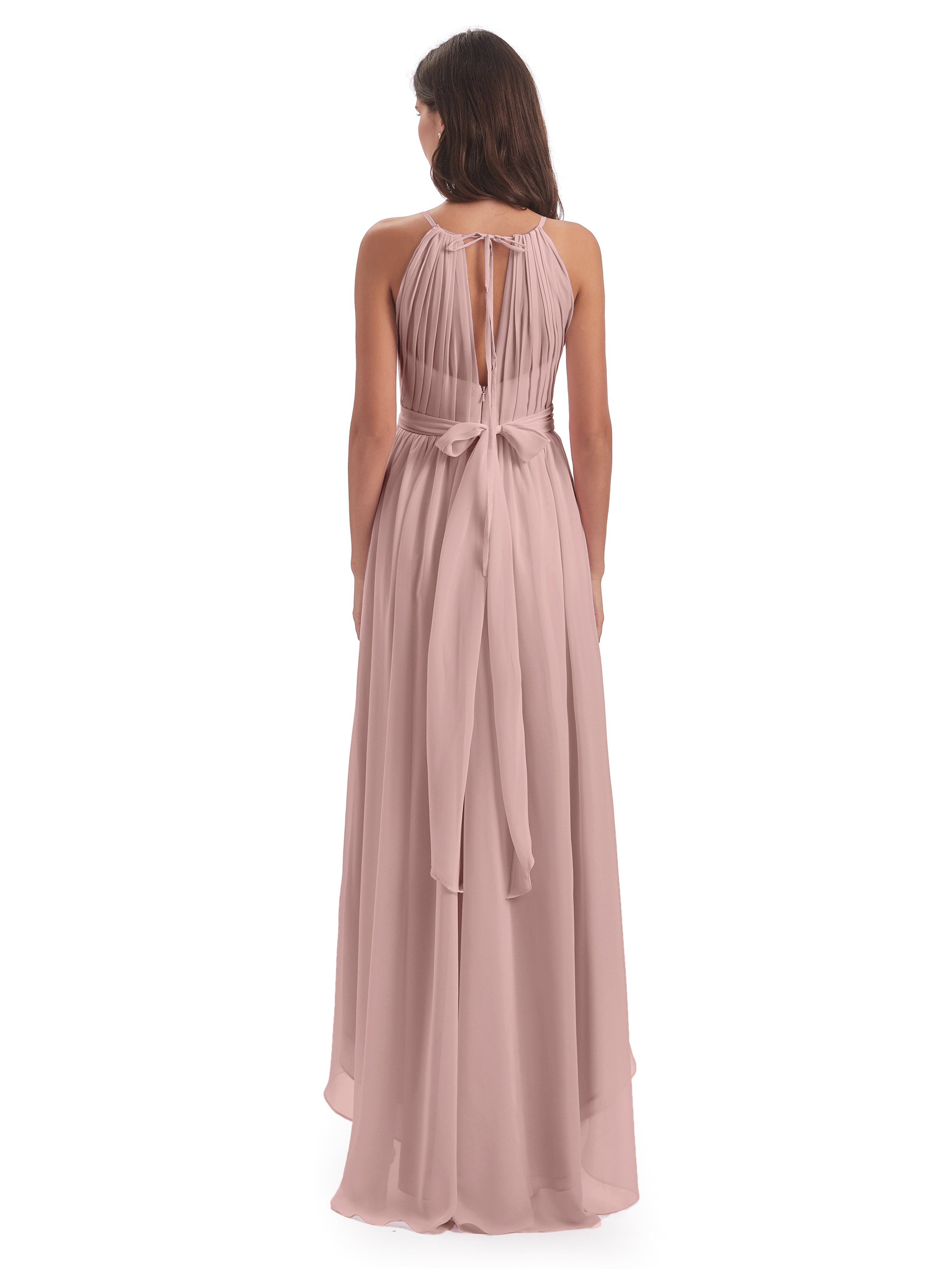 Robe Rose Poudré Demoiselle D Honneur Asymétrique Haute Basse Licou Mousseline Robes Demoiselle D'Honneur