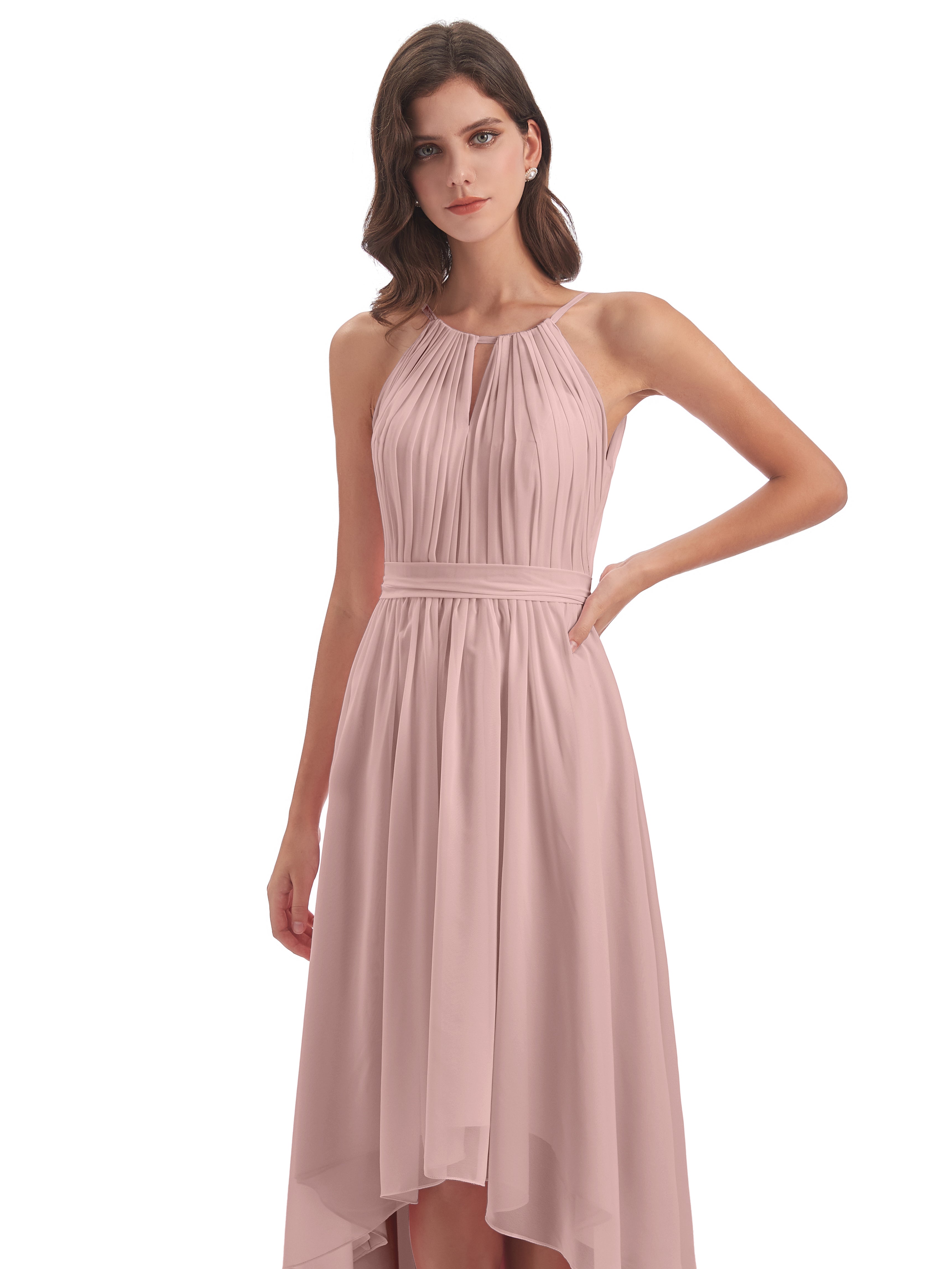 Robe Rose Poudré Demoiselle D Honneur Asymétrique Haute Basse Licou Mousseline Robes Demoiselle D'Honneur