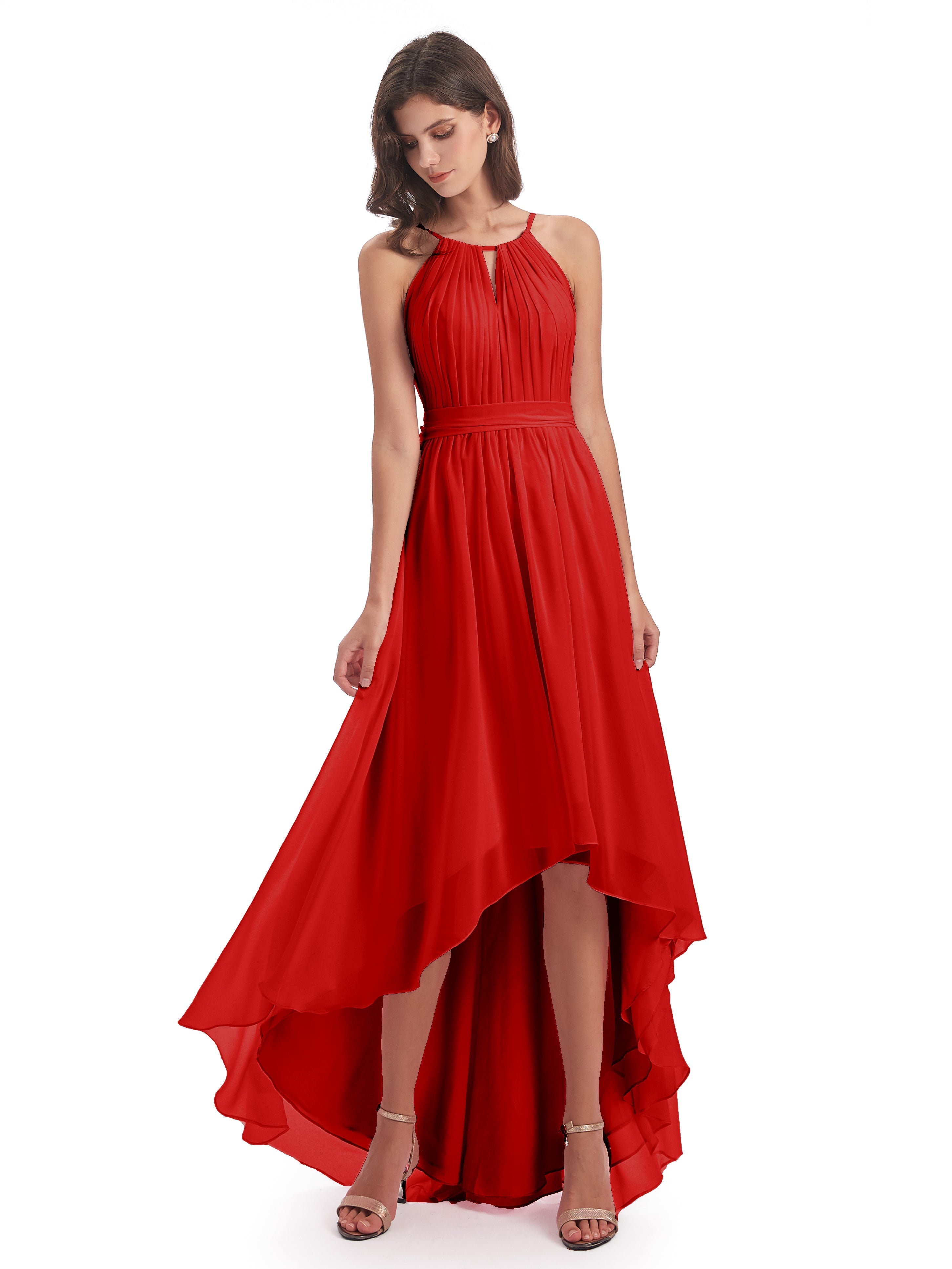 Demoiselle D Honneur Rouge Asymétrique Haute Basse Licou Mousseline Robes Demoiselle D'Honneur