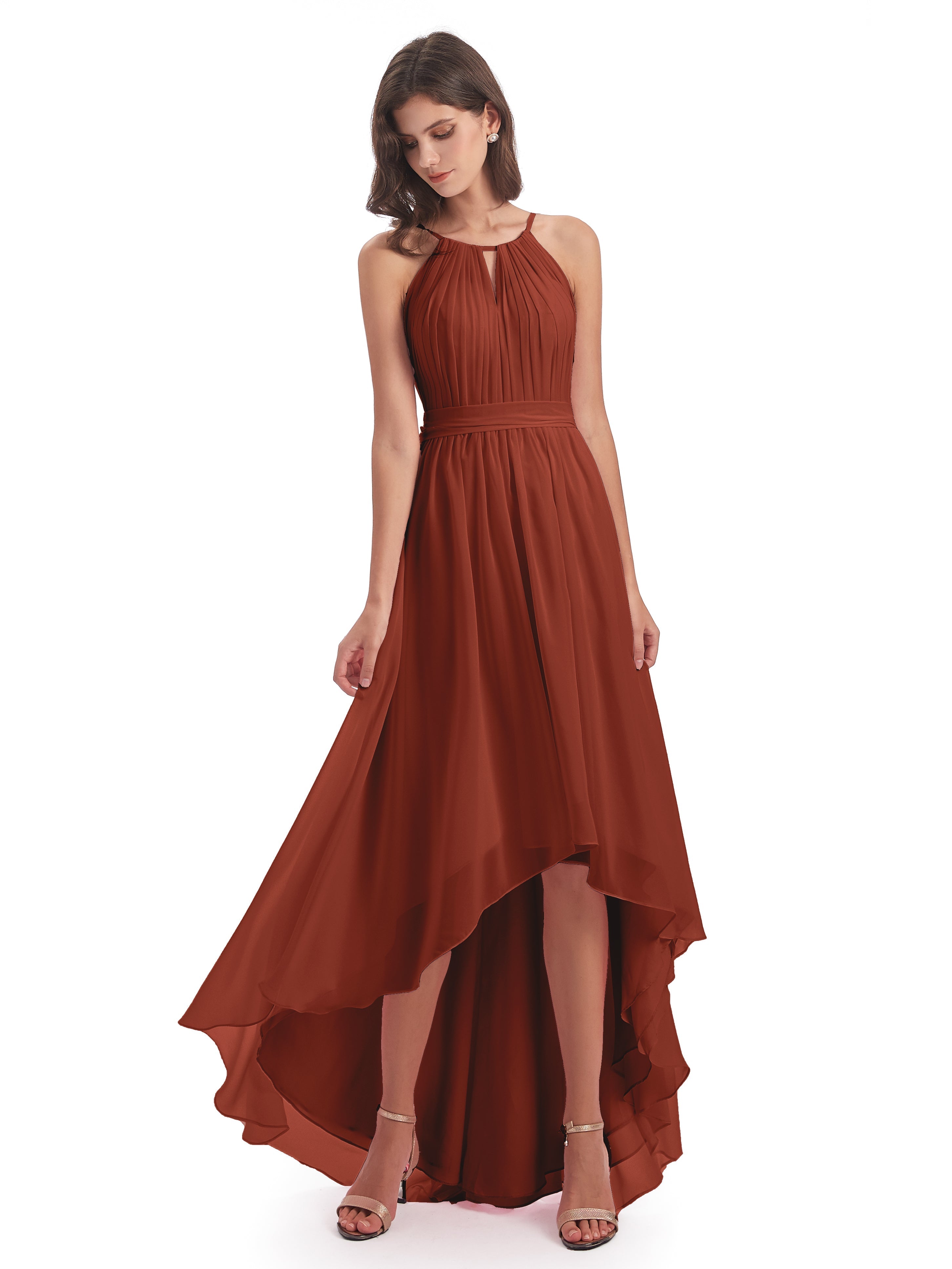 Robes De Demoiselle D'Honneur De Rouille Asymétrique Haute Basse Licou Mousseline Robes Demoiselle D'Honneur