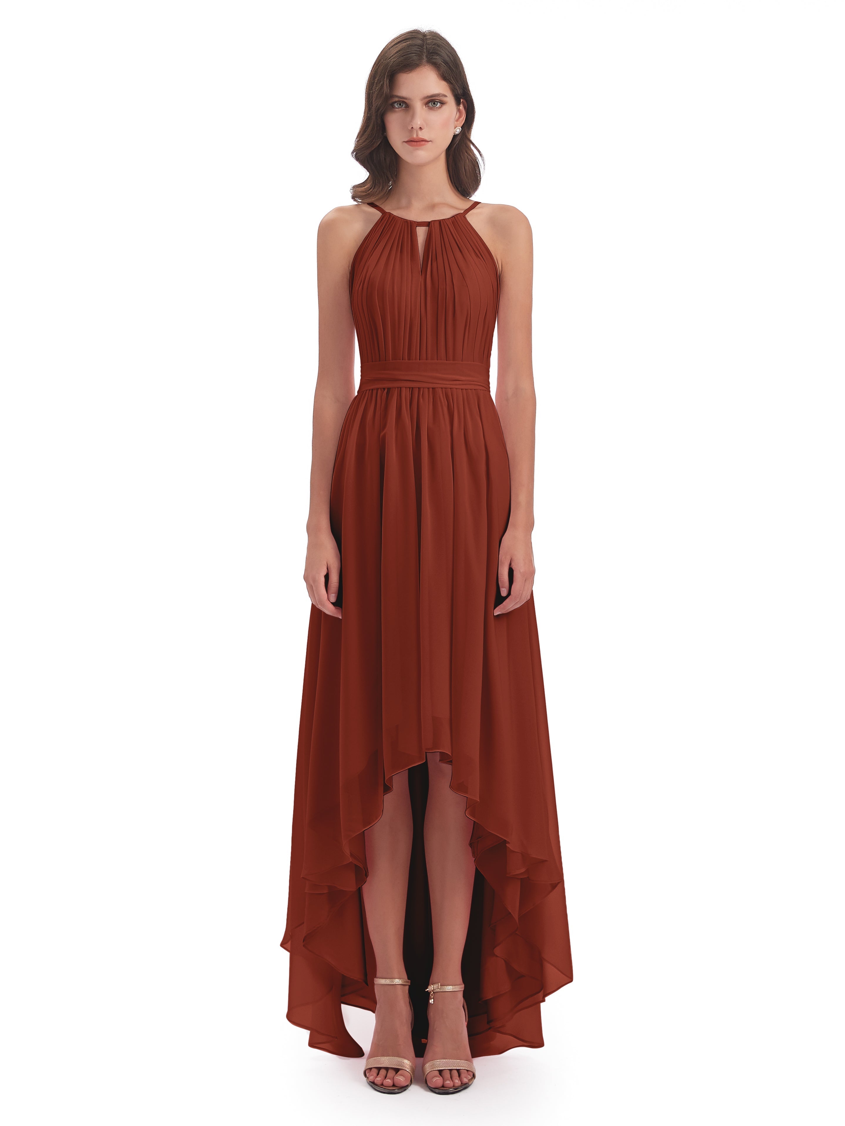 Robes De Demoiselle D'Honneur De Rouille Asymétrique Haute Basse Licou Mousseline Robes Demoiselle D'Honneur