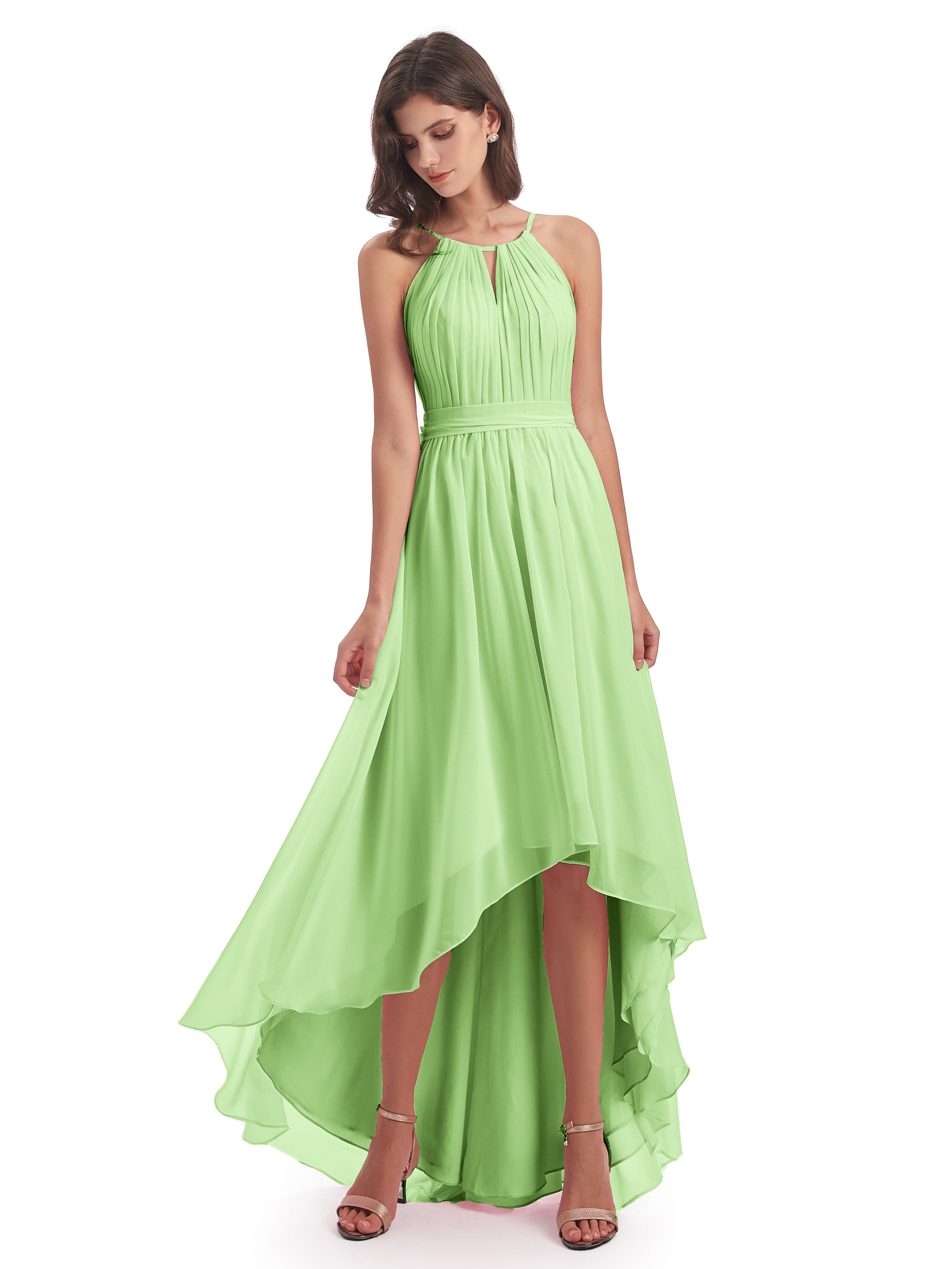 Robe Sauge Demoiselle D Honneur Asymétrique Haute Basse Licou Mousseline Robes Demoiselle D'Honneur