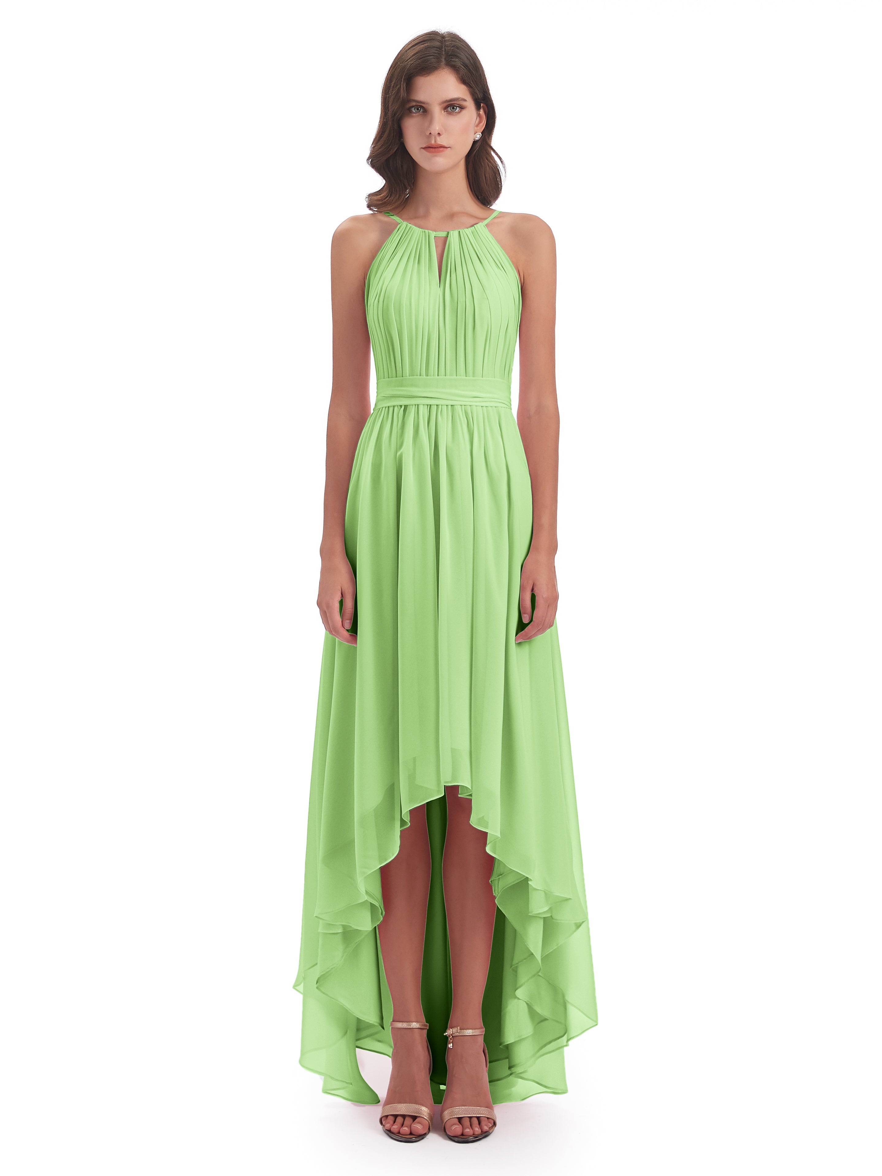 Robe Sauge Demoiselle D Honneur Asymétrique Haute Basse Licou Mousseline Robes Demoiselle D'Honneur