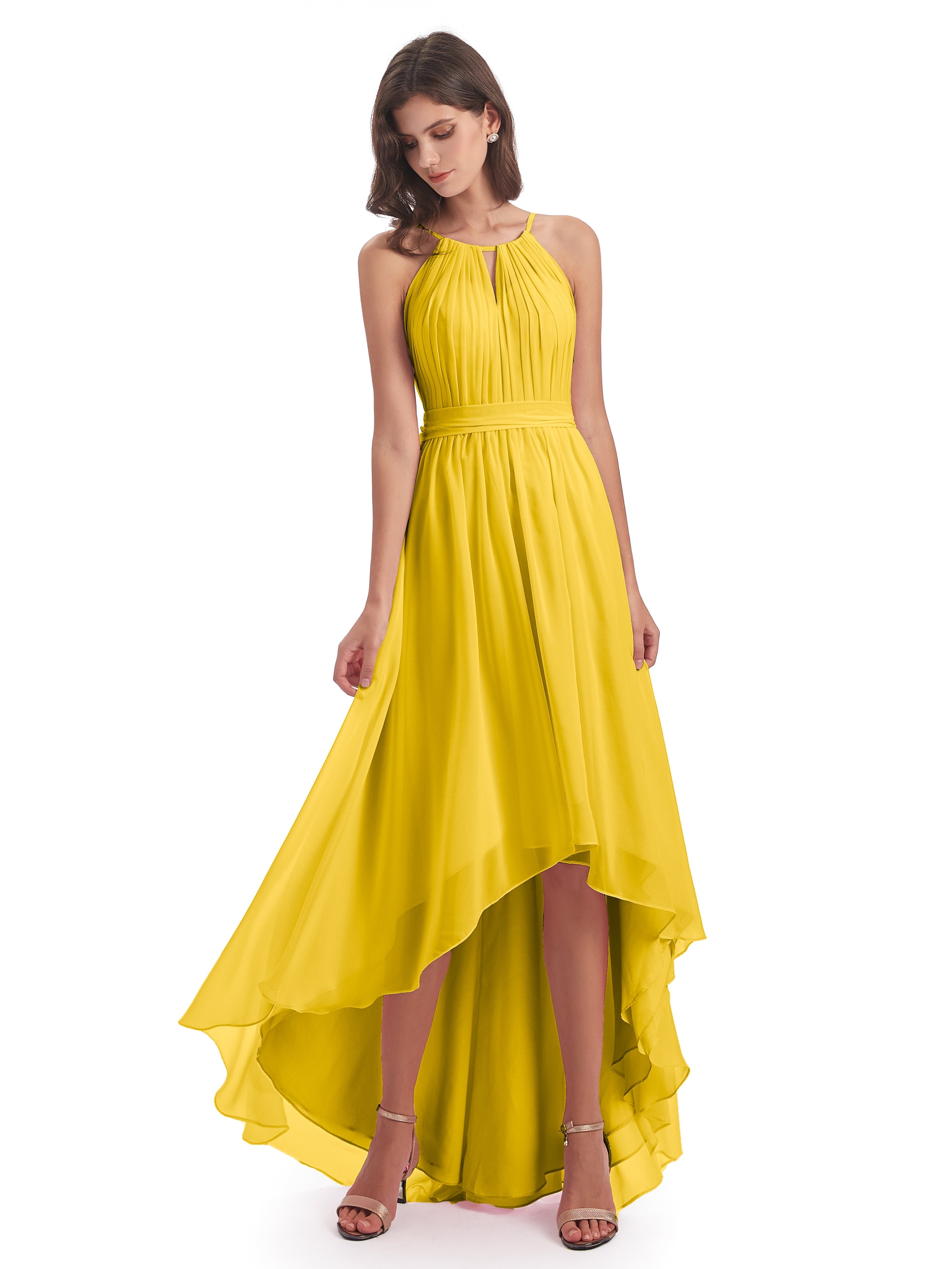 Robe De Demoiselle D'Honneur Souci Asymétrique Haute Basse Licou Mousseline Robes Demoiselle D'Honneur