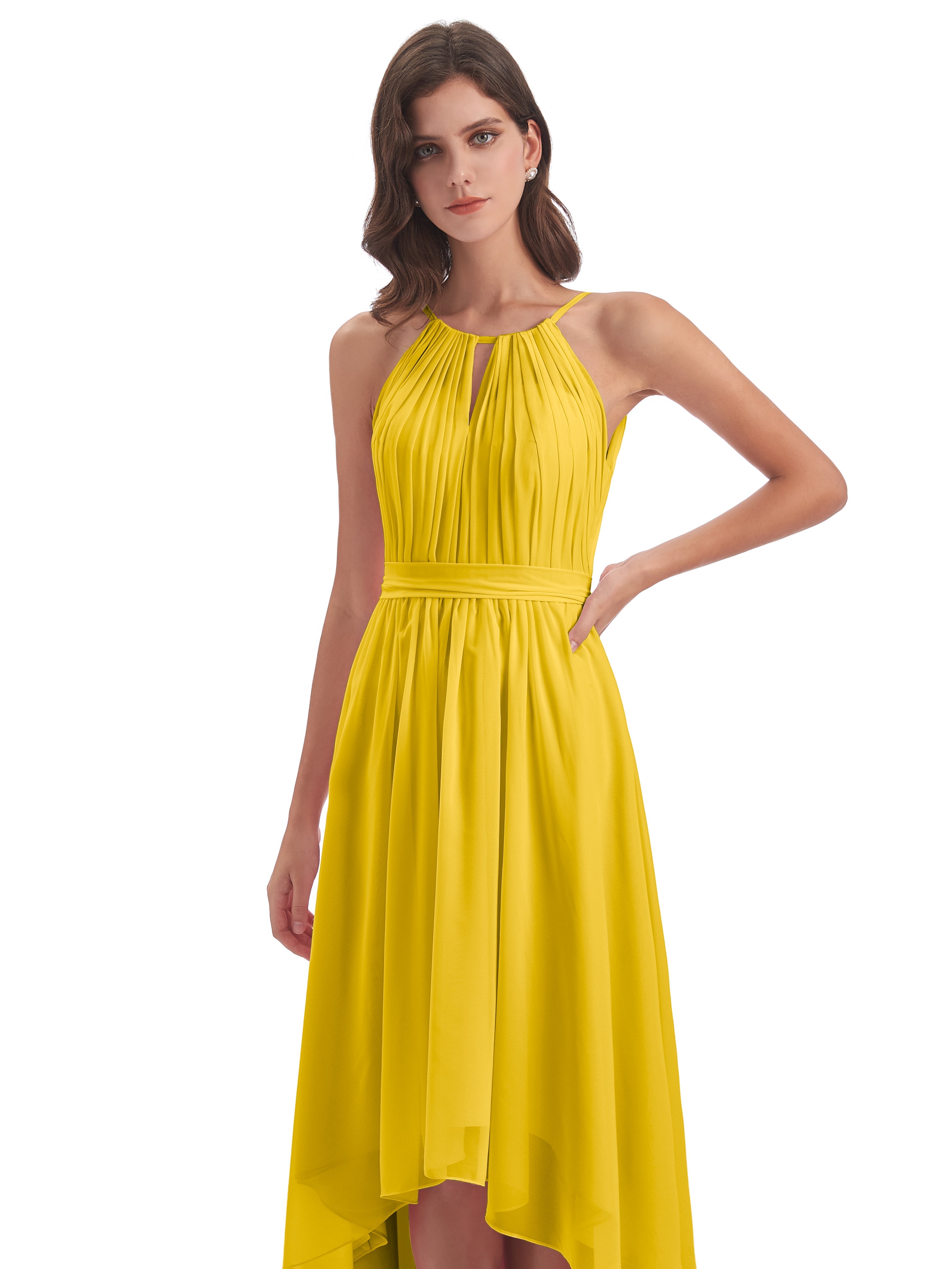 Robe De Demoiselle D'Honneur Souci Asymétrique Haute Basse Licou Mousseline Robes Demoiselle D'Honneur